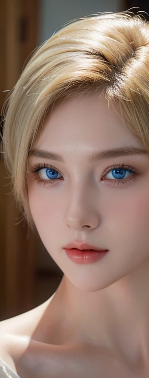 (best quality, 4k, 8ก, high resolution, very detailed, realistic, realistic), Blonde, (short hair), blue eyes, big breast, There&#39;s a mole in her. , ((Full Body View)), (breast in detail), ((big breast)), looking into the viewer, Make eye contact, at the locker room, shower, naked, I was very wet., soap her body, The body is extremely wet., Wet white crop top, Hand-up, rising hand,  Tie your hair, Horny face, sexy face, red lips
