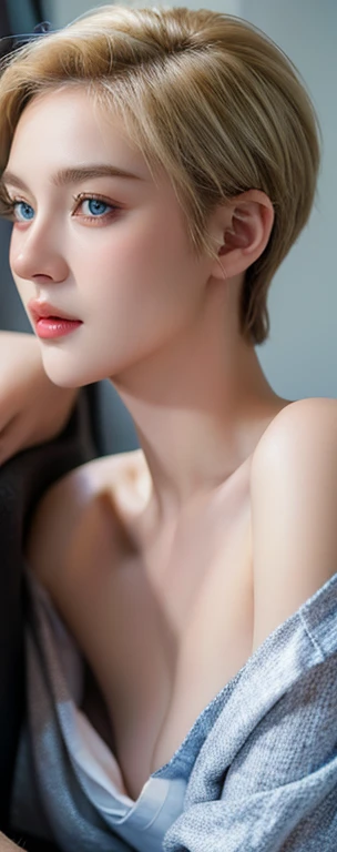 (best quality, 4k, 8ก, high resolution, very detailed, realistic, realistic), Blonde, (short hair), blue eyes, big breast, There's a mole in her. , ((Full Body View)), (breast in detail), ((big breast)), looking into the viewer, Make eye contact, at the locker room, shower, naked, I was very wet., soap her body, The body is extremely wet., Wet white crop top, Hand-up, rising hand, Tie your hair, Horny face, sexy face, red lips