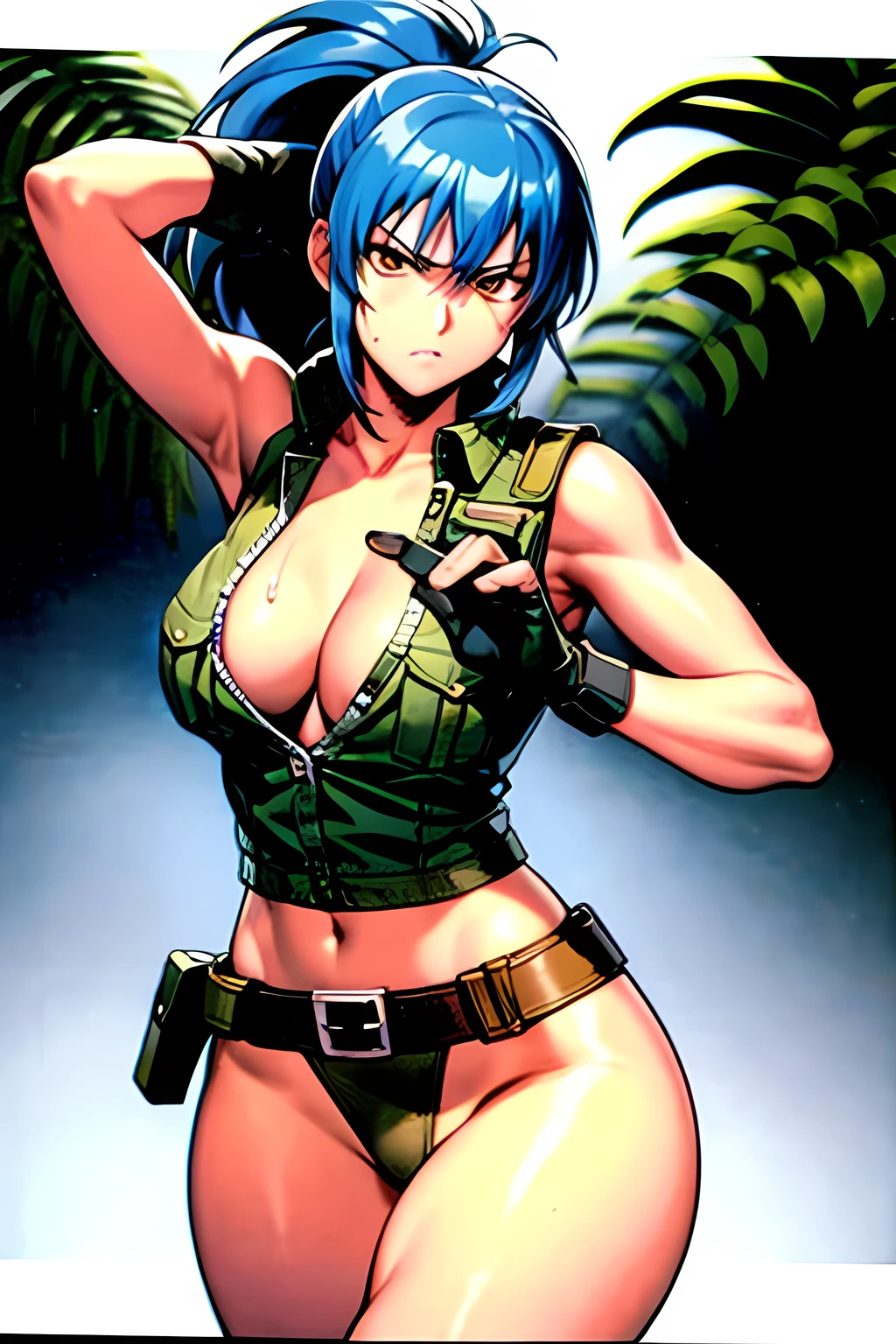 masterpiece, best quality, anime 1990s \(style\, leona heidern, sexy, naked, thong , fully open vest., jungle, tactical, pony tail, serious, cammo, army, soldier, blue hair, warfare, war, wet, gloves, sexy pose, jungle girl, perfect hands, five fingers, long hair, tropical, belt. Sleeveless.