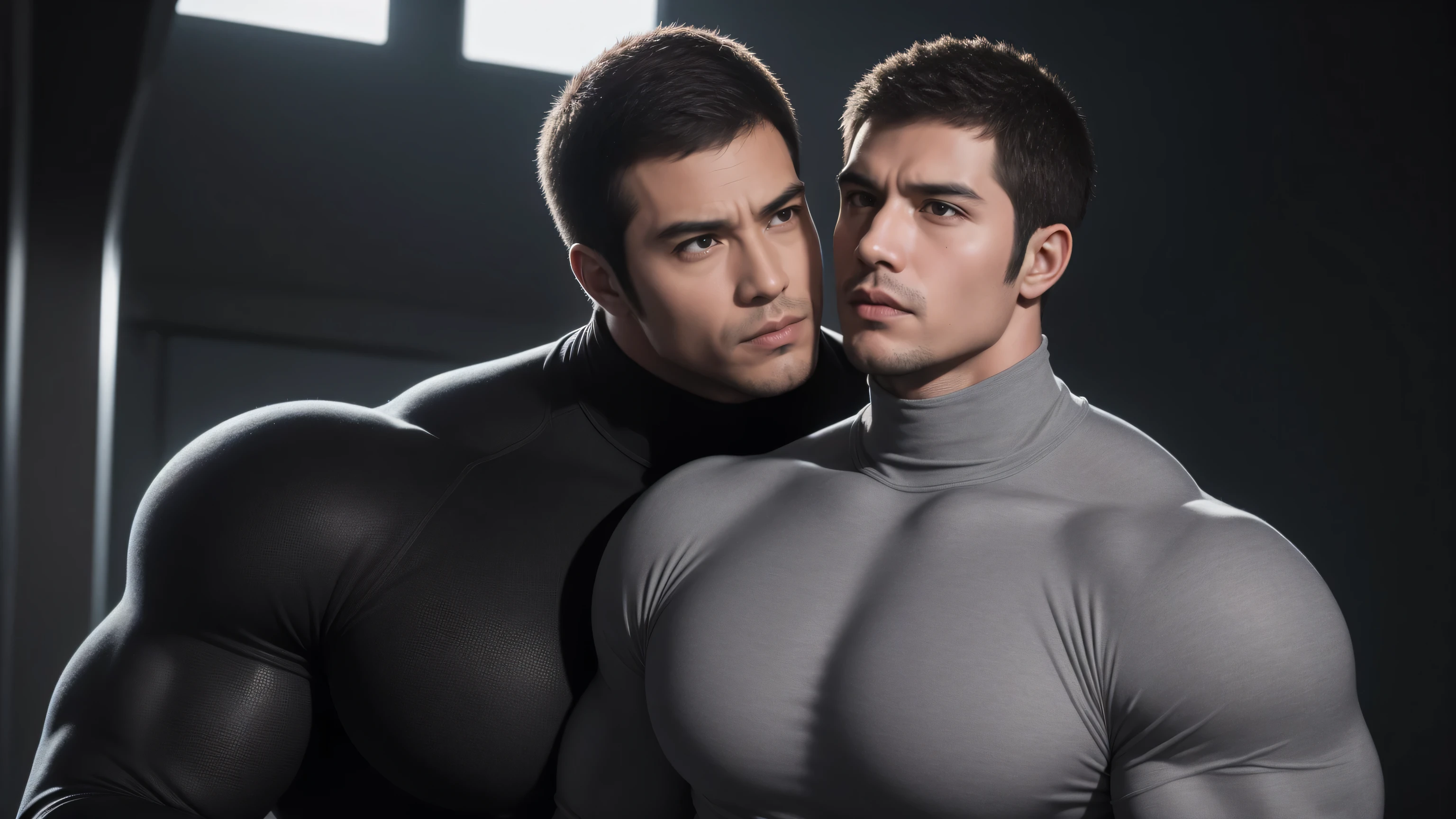 Super muscular man hugging, kissing and caressing, Open mouth and scream,Look at each other affectionately,They hugged each other affectionately,Buzz Cut,In a luxurious and noble mansion, Wear a long-sleeved light grey turtleneck tights, Thickened warm elastic texture,Clothes are very dirty with mud stains,The expression is arrogant, High collar long sleeve light grey turtleneck tights, very tight, Regular symmetrical pattern, Highlight muscles, Police uniform pants, character concept(Resident Evil - Chris Redfield, Chris Redfield)A proud expression, Deep and charming eyes, Heroic male pose, tall Burly, muscular!muscular thighs, tough guy, perfect facial features, High, Burly, Heqiang, Super polished and cool, High Resolution Committee, Charismatic, The sun shines through the customers