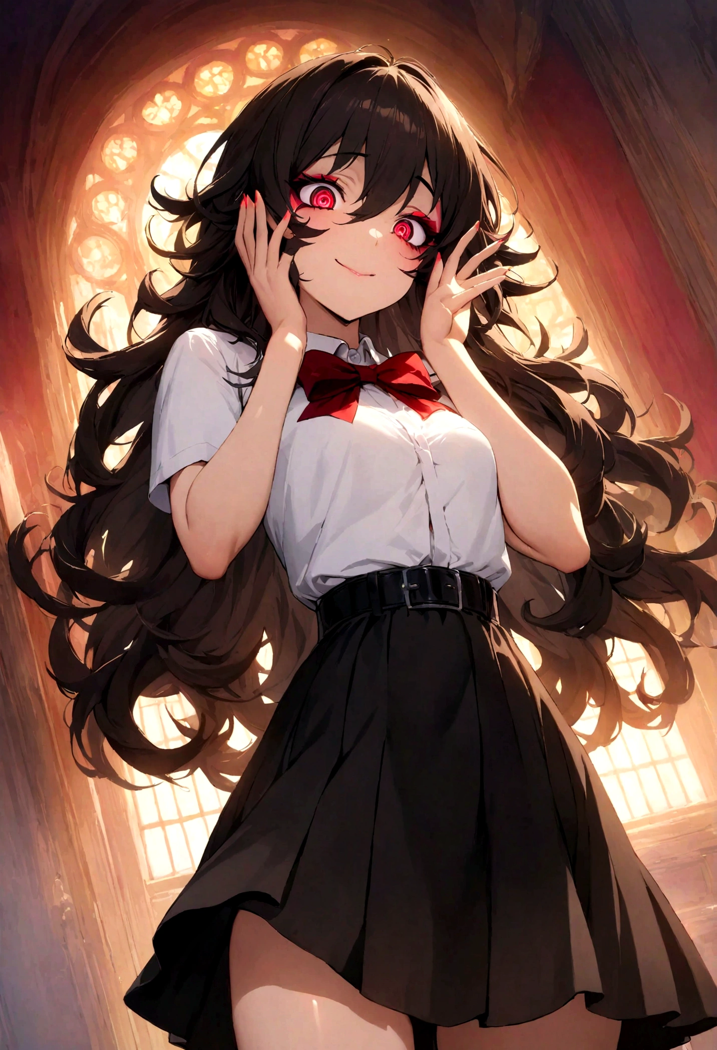 masterpiece, best quality, official art, extremely detailed CG unity 8k wallpaper, highly detailed, absurdres, Picturesque scenery of trees in the background, Posing hands up to her face in adoration, exquisite facial features, Heart eyes, Glowing red eyes, Yandere crazy eyes, Perfect fingers, perfect face, (sharp eyeliner, eyeshadow, detailed eyes:1.1), (Long waist length Black messy hair), Small breasts, Perfect skin, shiny skin, female, solo, Wide laugh, White School top, Red bow, Black belt, Black skirt