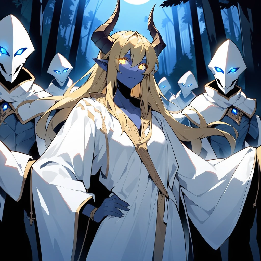 {{half body, dutch angle}} {{Artist: megateru}} 1insectsoid, humanoid, golden hair, shoulder length hair, gold eyes, glowing eyes, dark blue skin, silk white robe, straight horns, short mandibles, extra arms on torso, outdoors, forest, night, standing, one hand on hip, looking at user pov, medieval fantasy.