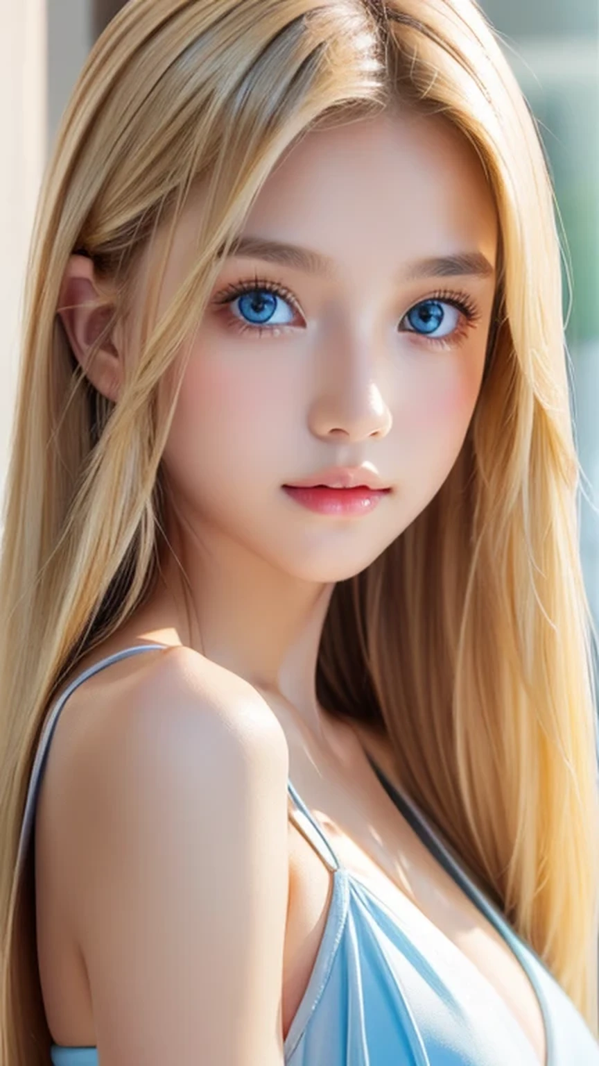 Transparent white glossy skin、Wind-blond hair falls in front of her pretty face、Ample Bust、Cute  blonde beauty、Beautiful Face、Beautiful super long straight hair that stands out、Big, bright, light blue eyes that shine beautifully、Silky bangs that cover large eyes, Sexy face hiding hair super long hair sexy、Cute young woman with long natural blonde shiny light hair、Round face