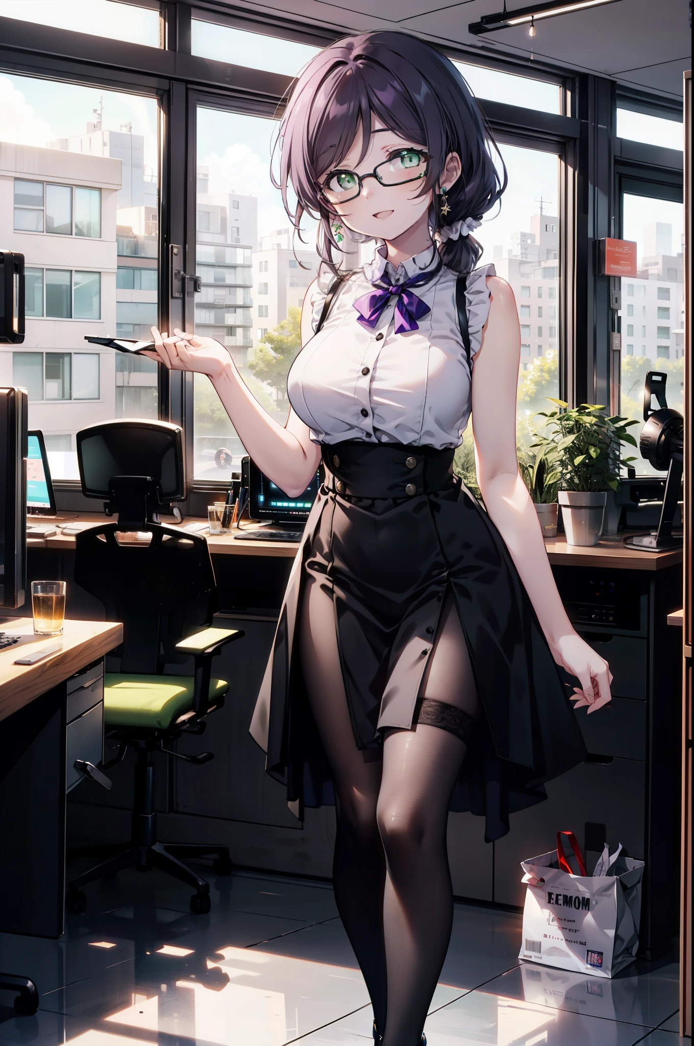 nozomitoujou, Nozomi-san always, (Green Eyes:1.5), Purple Hair, Long Hair, (Large Breasts:1.2),happy smile, smile,low ponytail,Low ponytail,Scrunchie,Black-rimmed glasses,Open your mouth,Sleeveless dress,Long skirt,Black pantyhose,Stiletto heels,There is a computer on the table,walking,Daytime,Clear skies,whole bodyがイラストに入るように,
break looking at viewer,whole body,
break indoors, office,
break (masterpiece:1.2), highest quality, High resolution, unity 8k wallpaper, (figure:0.8), (Beautiful fine details:1.6), Highly detailed face, Perfect lighting, Highly detailed CG, (Perfect hands, Perfect Anatomy),