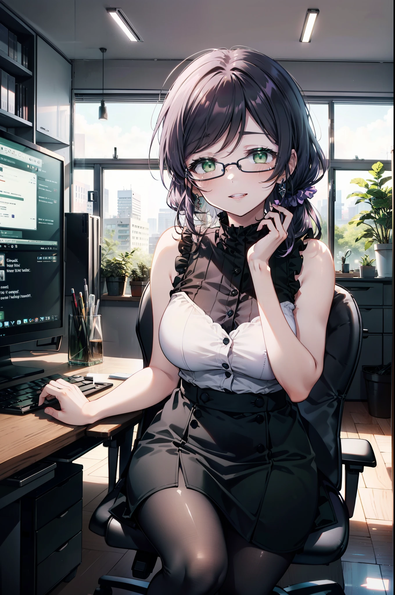 nozomitoujou, Nozomi-san always, (Green Eyes:1.5), Purple Hair, Long Hair, (Large Breasts:1.2),happy smile, smile,low ponytail,Low ponytail,Scrunchie,Black-rimmed glasses,Open your mouth,Sleeveless dress,Long skirt,Black pantyhose,Stiletto heels,There is a computer on the table,walking,Daytime,Clear skies,whole bodyがイラストに入るように,
break looking at viewer,whole body,
break indoors, office,
break (masterpiece:1.2), highest quality, High resolution, unity 8k wallpaper, (figure:0.8), (Beautiful fine details:1.6), Highly detailed face, Perfect lighting, Highly detailed CG, (Perfect hands, Perfect Anatomy),