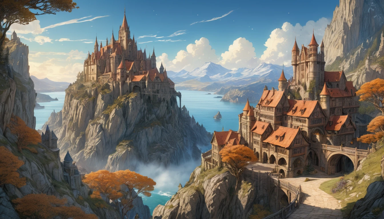 (anime, dark fantasy), (by by Posuka Demizu, Arthur Rackham and Tony DiTerlizzi), (masterpiece, best quality, high resolution, highly detailed, depth of filed, HDR:1.2), ((Cair Paravel, majestic, grand architecture, Narnia)). A mesmerizing fantasy with enchanting elements blending seamlessly, fantastical landscapes, vibrant colors, enchanted, warm atmosphere, beautiful, extremely detailed, intricate, delicate, serene fantasy, cinematic lighting, 8k, high quality