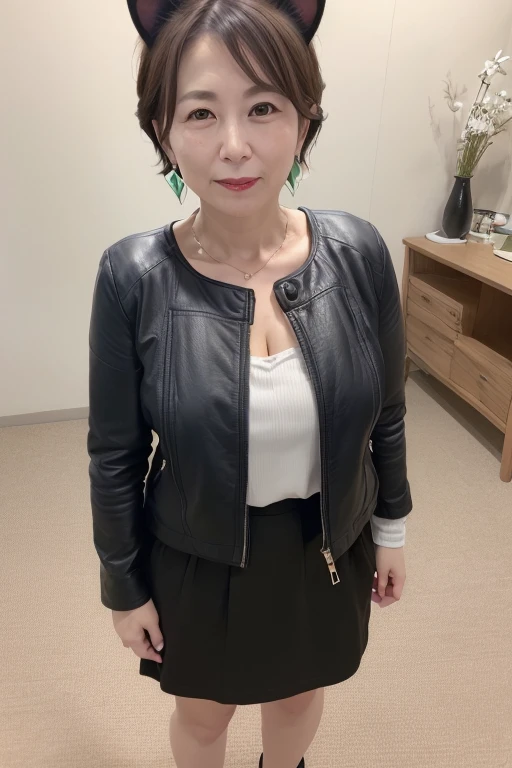 55 year old mature Japanese woman, Beautiful woman, Married women, Fine Lines, Long eyelashes, , (((Cat ear))), leather jacket, open chest shirt, Cleavage, mini skirt, short hair, Black eyeshadow, Black Lips, Earrings, whole body, (((whole body強調))), Bright room