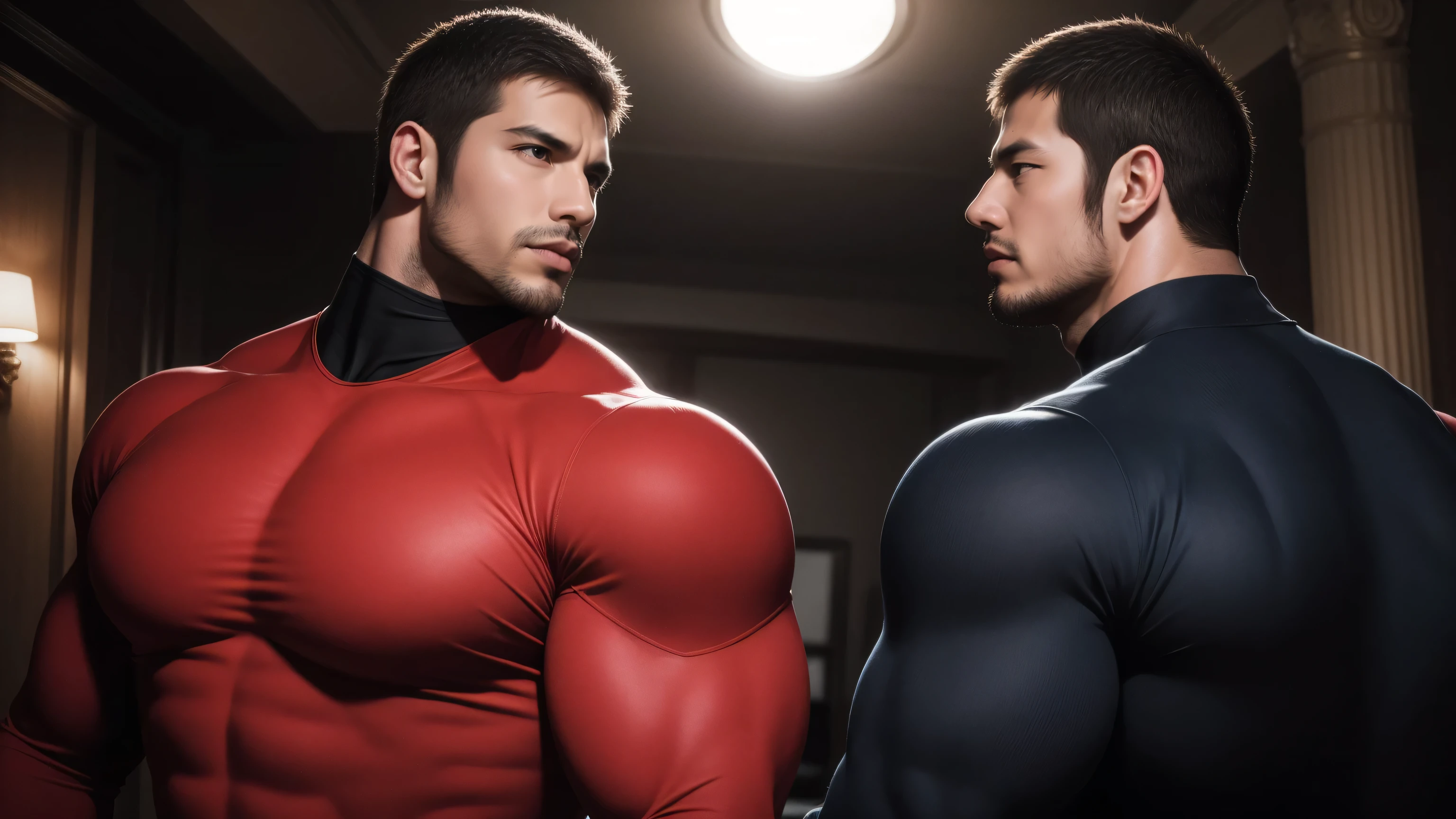 Super muscular man hugging, kissing and caressing, Open mouth and scream,Look at each other affectionately,They hugged each other affectionately,Buzz Cut,In a luxurious and noble mansion, Wear a long-sleeved scarlet collared bodysuit, Thickened warm elastic texture,The expression is arrogant, High Neck Long Sleeve Splash Red High Neck Bodysuit, very tight, Regular symmetrical pattern, Highlight muscles, Police uniform pants, character concept(Resident Evil - Chris Redfield, Chris Redfield)A proud expression, Deep and charming eyes, Heroic male pose, tall Burly, muscular!muscular thighs, tough guy, perfect facial features, High, Burly, Heqiang, Super polished and cool, High Resolution Committee, Charismatic, The sun shines through the customers