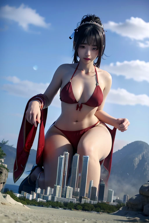 A Korean woman wearing a red bikini, Height is 10,000,000 kilometers, Nano-Mini Endless City in the Micron Endless Continent World, She kneels on top of many nanoscale structures much smaller than herself, she feels happy and enjoys