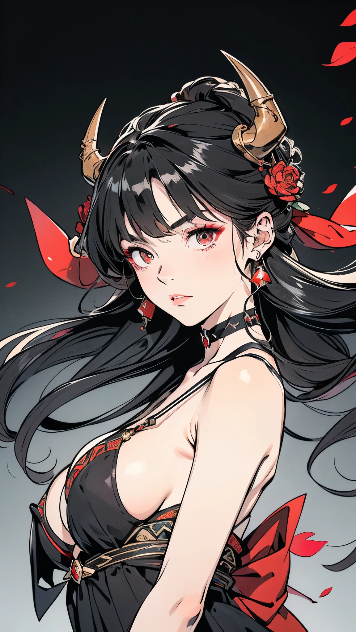 Seven Rhaeyar (Deylta), Ancient Star goddess, Perfect female anatomy (Royalty, Adult Female, 166cm in height, Cool pale skin, slim, slender, 34D breast size, Long Jet Black Hair, Gray Colored Iris , a set of Jet black colored horns on her head), Neutral facial expression, Elegant black uniform dress, female choker accessory with silver complimentary jewelry, dragon motifs, Black rope accessories, Simple Black Background, receiving light from the front, Slightly focusing on her face up close, Ethereal glow, Red Rose petals falling, Japanese inspired