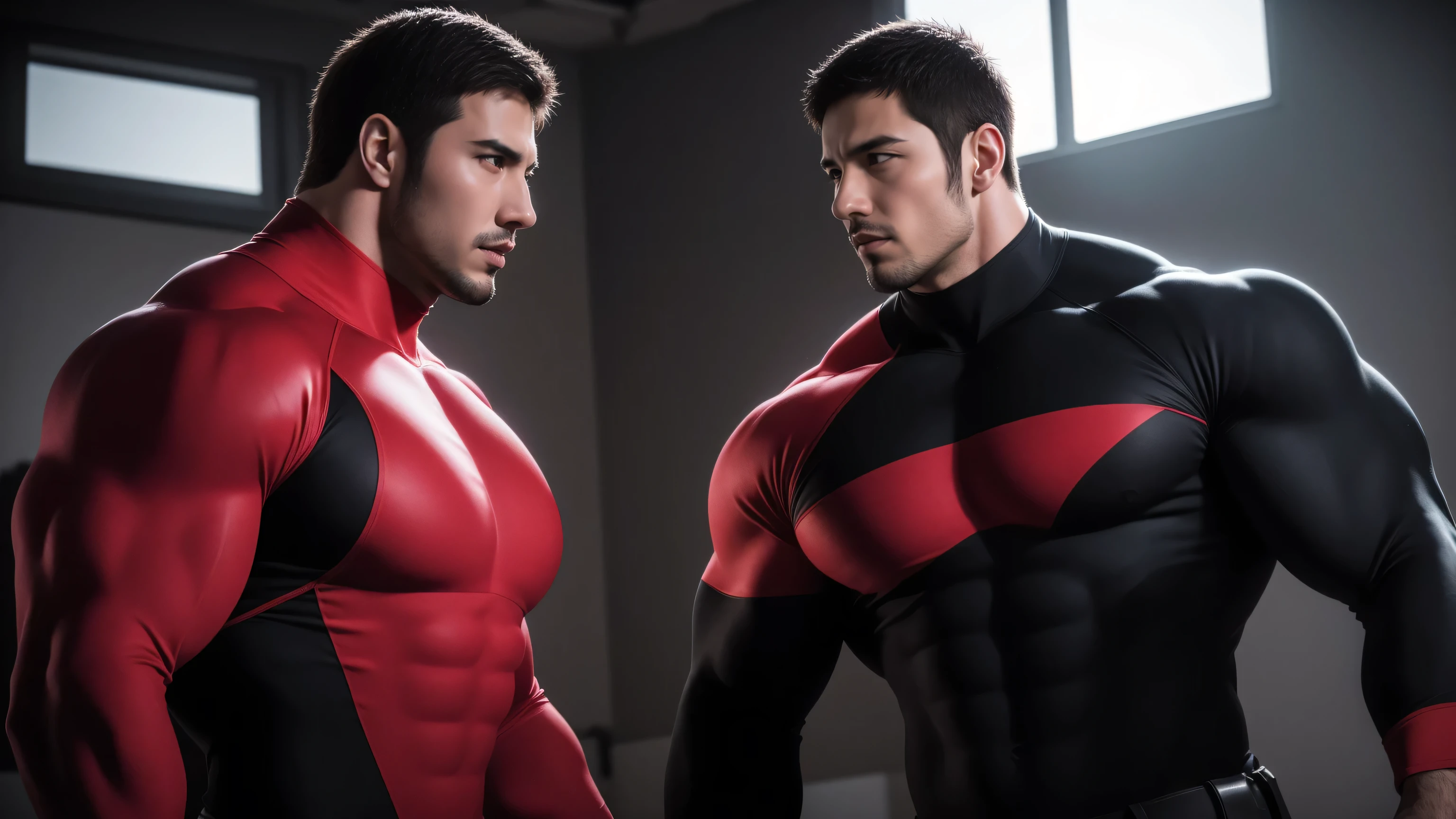 Super muscular man hugging, kissing and caressing, Open mouth and scream,Look at each other affectionately,They hugged each other affectionately,Buzz Cut,In a luxurious and noble mansion, Wear a long-sleeved scarlet collared bodysuit, Thickened warm elastic texture,The expression is arrogant, High Neck Long Sleeve Splash Red High Neck Bodysuit, very tight, Regular symmetrical pattern, Highlight muscles, Police uniform pants, character concept(Resident Evil - Chris Redfield, Chris Redfield)A proud expression, Deep and charming eyes, Heroic male pose, tall Burly, muscular!muscular thighs, tough guy, perfect facial features, High, Burly, Heqiang, Super polished and cool, High Resolution Committee, Charismatic, The sun shines through the customers