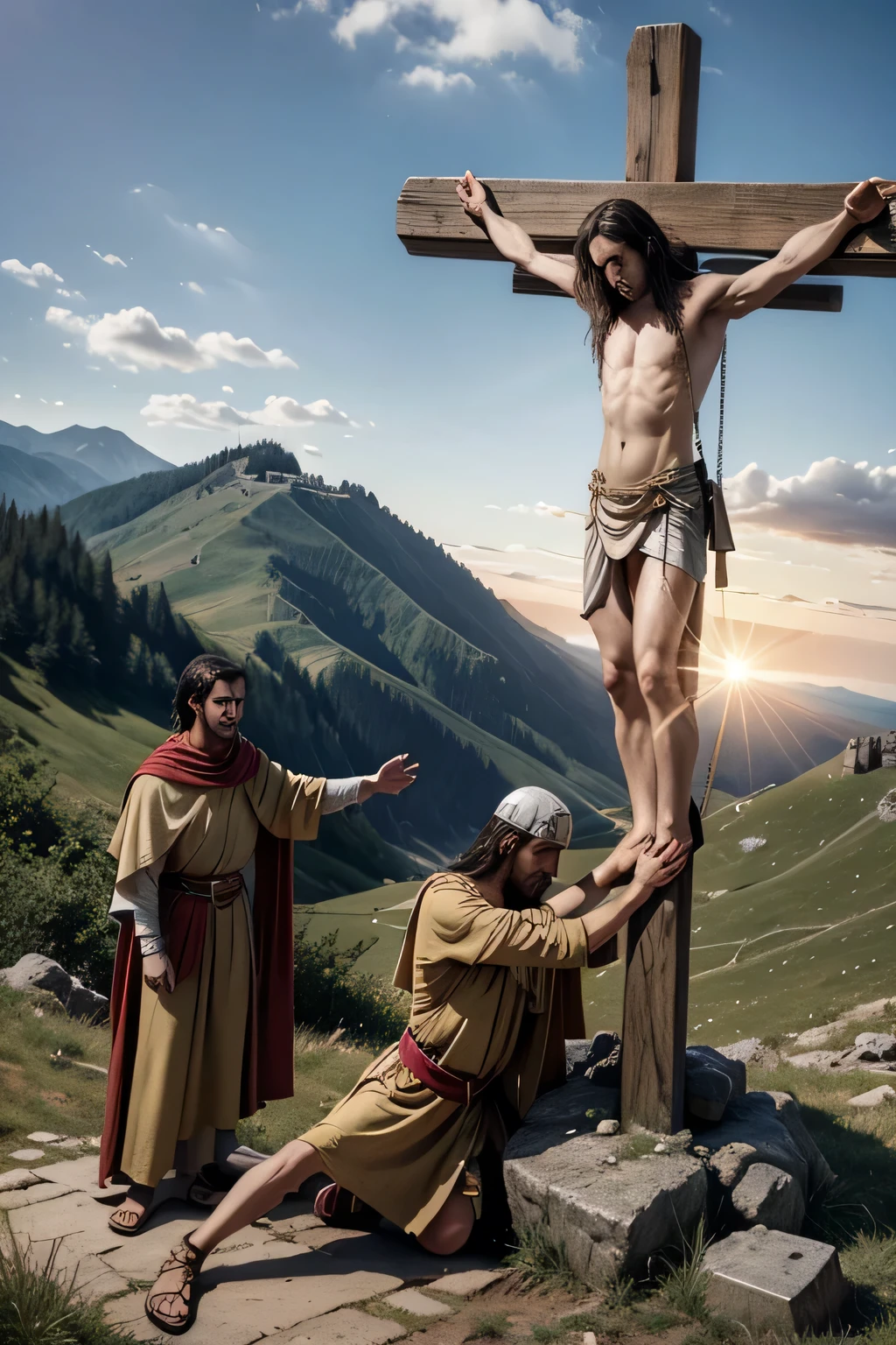 Crucifixion of Christ on a mountain as a Roman soldier pierces Christ's side with a spear year 33 after Christ Jesus Christ is nailed to a cross
