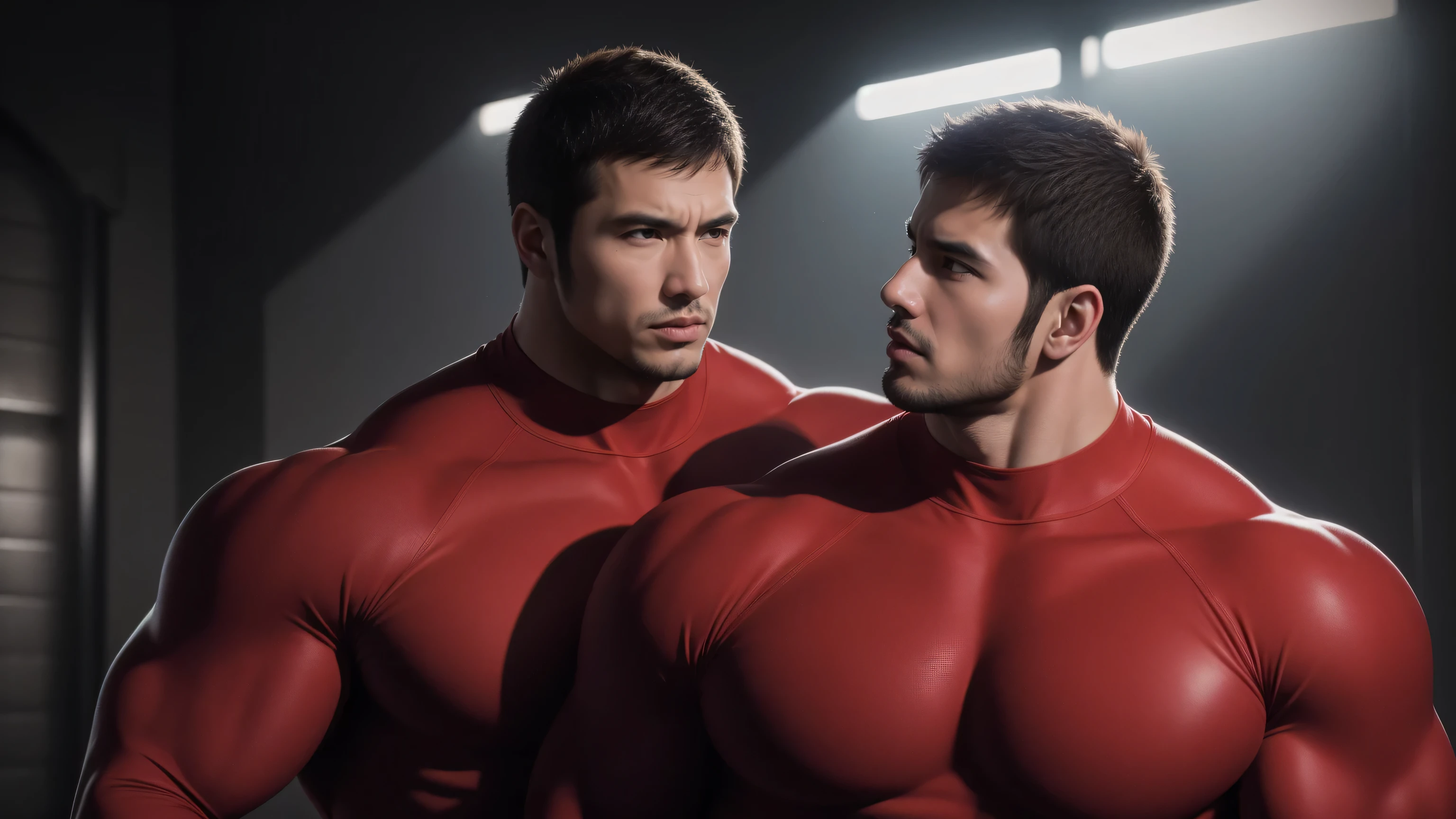 Super muscular man hugging, kissing and caressing, Open mouth and scream,Look at each other affectionately,They hugged each other affectionately,Buzz Cut,In a luxurious and noble mansion, Wear a long-sleeved scarlet collared bodysuit, Thickened warm elastic texture,The expression is arrogant, High Neck Long Sleeve Splash Red High Neck Bodysuit, very tight, Regular symmetrical pattern, Highlight muscles, Police uniform pants, character concept(Resident Evil - Chris Redfield, Chris Redfield)A proud expression, Deep and charming eyes, Heroic male pose, tall Burly, muscular!muscular thighs, tough guy, perfect facial features, High, Burly, Heqiang, Super polished and cool, High Resolution Committee, Charismatic, The sun shines through the customers