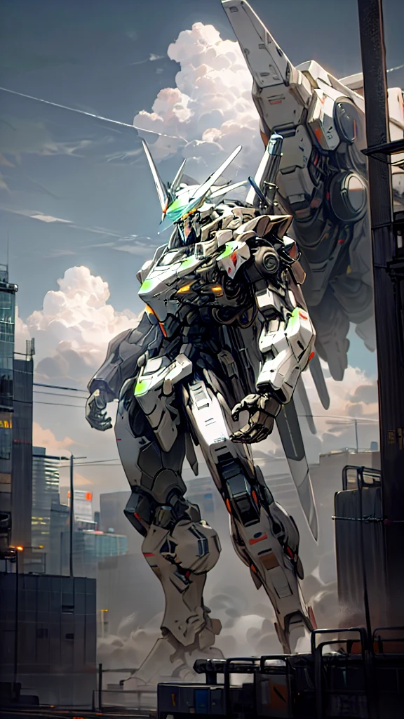 sky, cloud, holding_weapon, no_humans, glowing, , robot, building, glowing_eyes, mecha, science_fiction, city, realistic,mecha