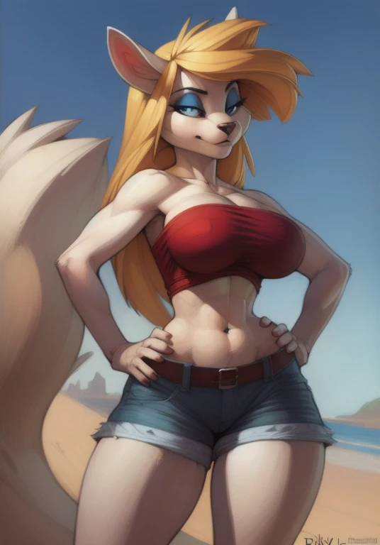 minerva, (ultradetailed), (highest quality), long hair, body, soft fluffy tail, big round breasts, slim waist, round hips, closeup, blue eyes, blue eyeshadow, masterpiece, (uploaded on e621), (((by wolfy-nail, by pixelsketcher, by smiju))), detailed fur, red tube top, jean shorts, hand on hip, at Mardi Gras