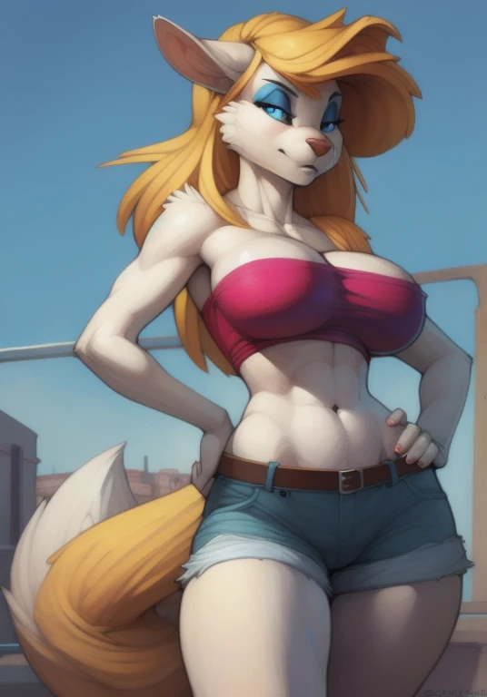 minerva, (ultradetailed), (highest quality), long hair, body, soft fluffy tail, big round breasts, slim waist, round hips, closeup, blue eyes, blue eyeshadow, masterpiece, (uploaded on e621), (((by wolfy-nail, by pixelsketcher, by smiju))), detailed fur, red tube top, jean shorts, hand on hip, at Mardi Gras