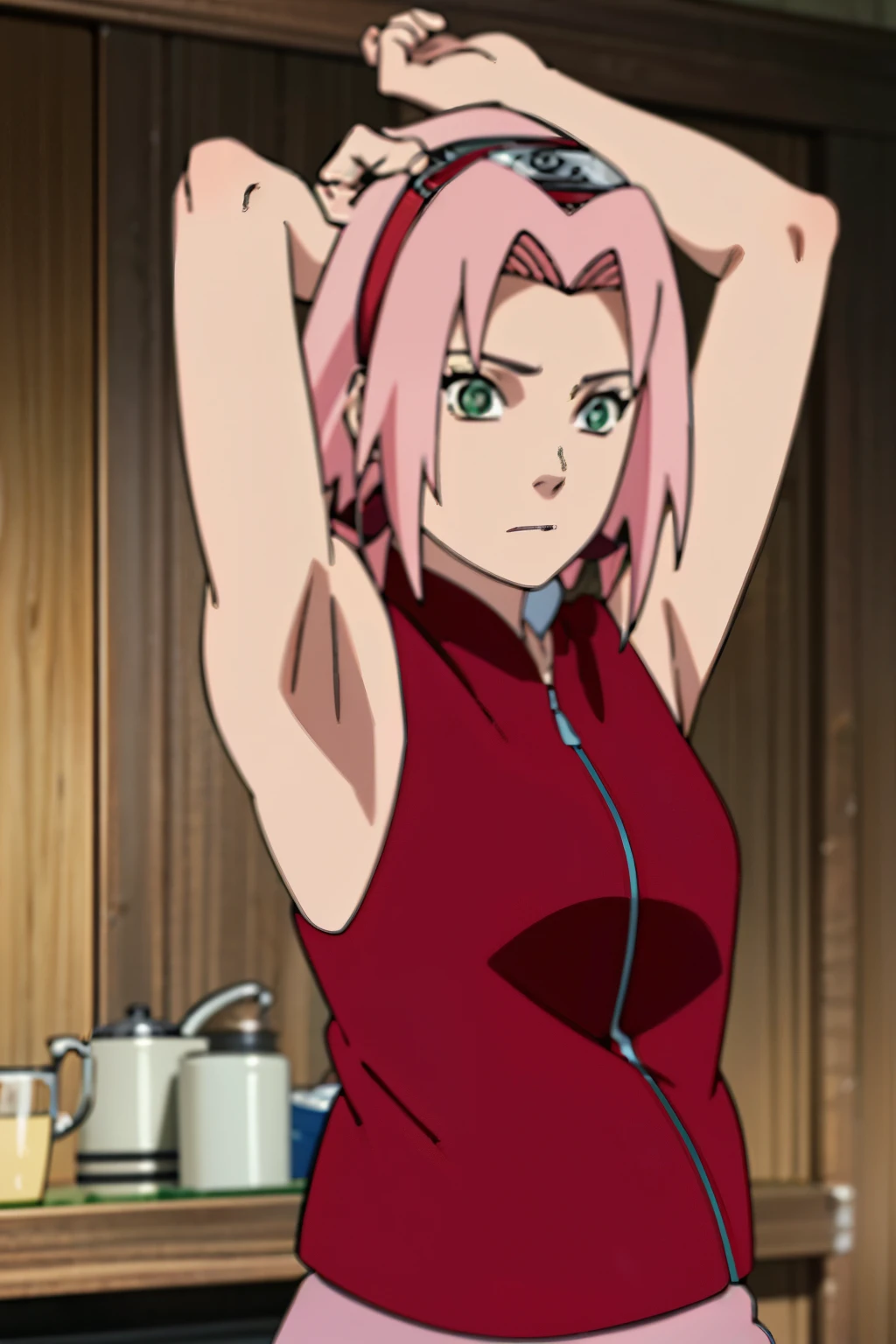 sakura haruno, sleeveless, red jacket, forehead protector, konohagakure symbol, arms behind head, armpits, showing armpits, posing, green eyes, perfect proportions, sakura shippuden