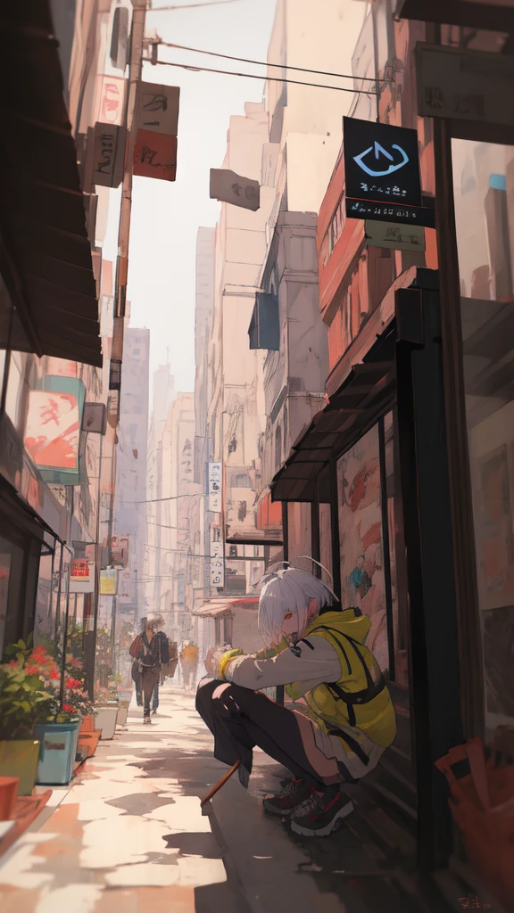 ((masterpiece )), (top quality), (best quality), ((ultra-detailed, 8k quality)), Aesthetics, Cinematic lighting, (detailed line art), absurdres, (best composition), (high-resolution), Watercolor wash painting, muted colors, warm colors, best quality, delicate brushwork,
BREAK,
Beauty cyberpunk elf girl, Confident elf girl, wear uniform, orange jacket, white and yellow techwear clothing, yellow and black safety tapes, Simon Bisley style, squatting, (holding smartphone,In the right hand), Focus on smartphone screen, Anime painting, Detailed Cloth Texture, Intricate details, artstation, brush stroke painting in cyberpunk style by Yoji Shinkawa, by Mikimoto Haruhiko,
BREAK, 
painting style background, (At the bus stop, downtown, Cyberpunk dazzling cityscape, crowded), (depth of field:1.2), (blurry background:1.2),the style of Mikimoto Haruhiko, Artgerm, Kentaro Miura style,
BREAK,
highly detailed of (elf), (1girl), solo, perfect face, details eye, ahoge, ((long hair:1.2)), (hair over one eye:1.3), [[Messy hair]], shiny blonde white hair, blue eyes, multicolored hair, facial marks, (eyelashes, eyeshadow, pink eyeshadow), smile, design art by Mikimoto Haruhiko, by Kawacy, By Yoshitaka Amano,
BREAK, 
((perfect anatomy)), perfect body, medium breast, best hands, perfect face, beautiful face, beautiful eyes, perfect eyes, (perfect fingers, deatailed fingers), correct anatomy, 