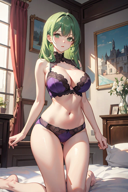 creates a 25-year-old kneeling girl in purple underwear with green hair and green eyes with a landscape of a luxurious room with wide hips and large breasts