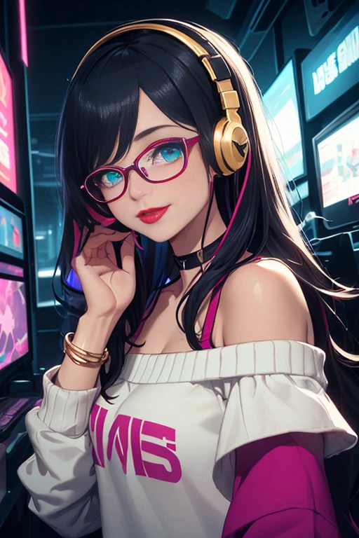 ((best quality)), ((masterpiece)), ((detailed eyes and face)), POV view from above taking a selfie with both arms, perfect face, female, gamer girl, aqua eyes, cherry-red lips, light smile, long black hair, purple streaked hair, purple highlights, wearing headphones, bangs with purple highlights, choker, nerdy glasses, white off-shoulder sweater, black skirt, thigh-highs, large breasts, nighttime, neon lights in the background, colorful lights