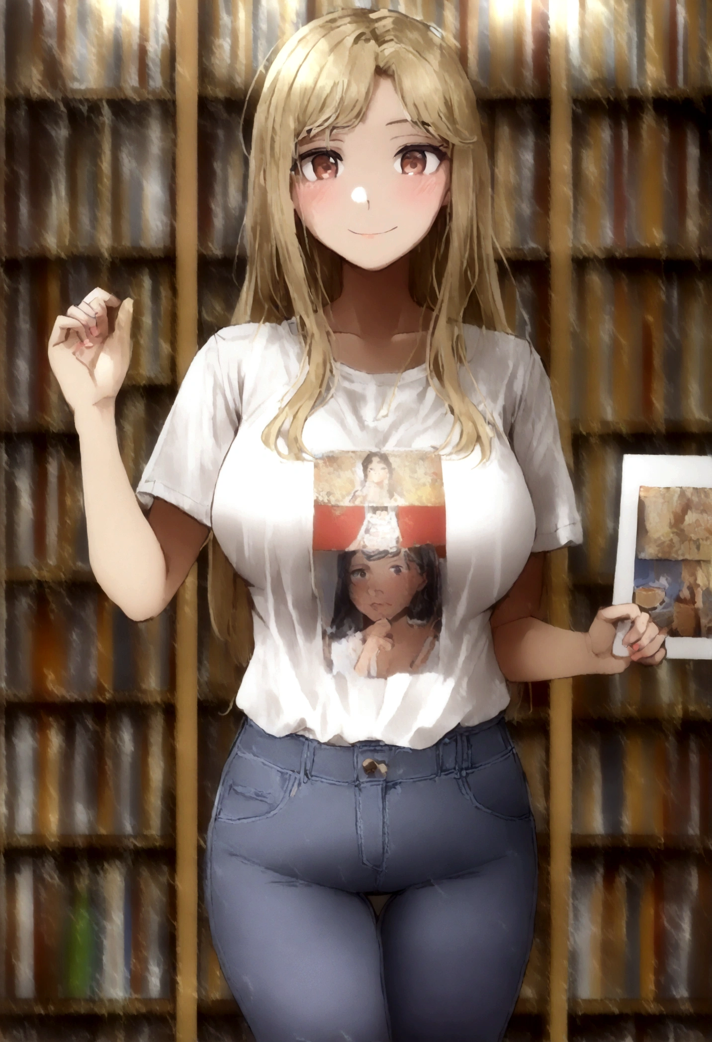 (1girl:1.7), (long hair con side bang), (blonde hair), (honey skin), (photo of 25yo woman:1.5) (north american girl:1.0), (peruvian girl:1.5), (korean girl:0.5), ((blue jeans), (all-white t-shirt), T-shirt without any stain without any markings or lettering, (large breasts: 1.2), Fake smile, (in the library)