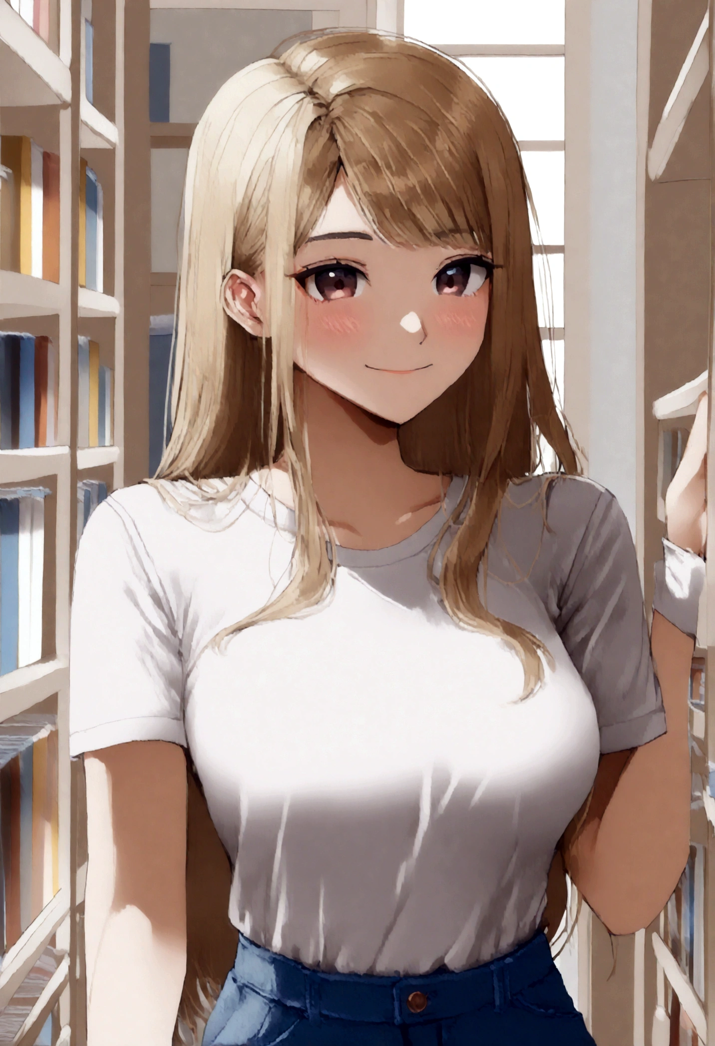 (1girl:1.7), (long hair con side bang), (blonde hair), (honey skin), (photo of 25yo woman:1.5) (north american girl:1.0), (peruvian girl:1.5), (korean girl:0.5), ((blue jeans), (all-white t-shirt), T-shirt without any stain without any markings or lettering, (large breasts: 1.2), Fake smile, (in the library)
