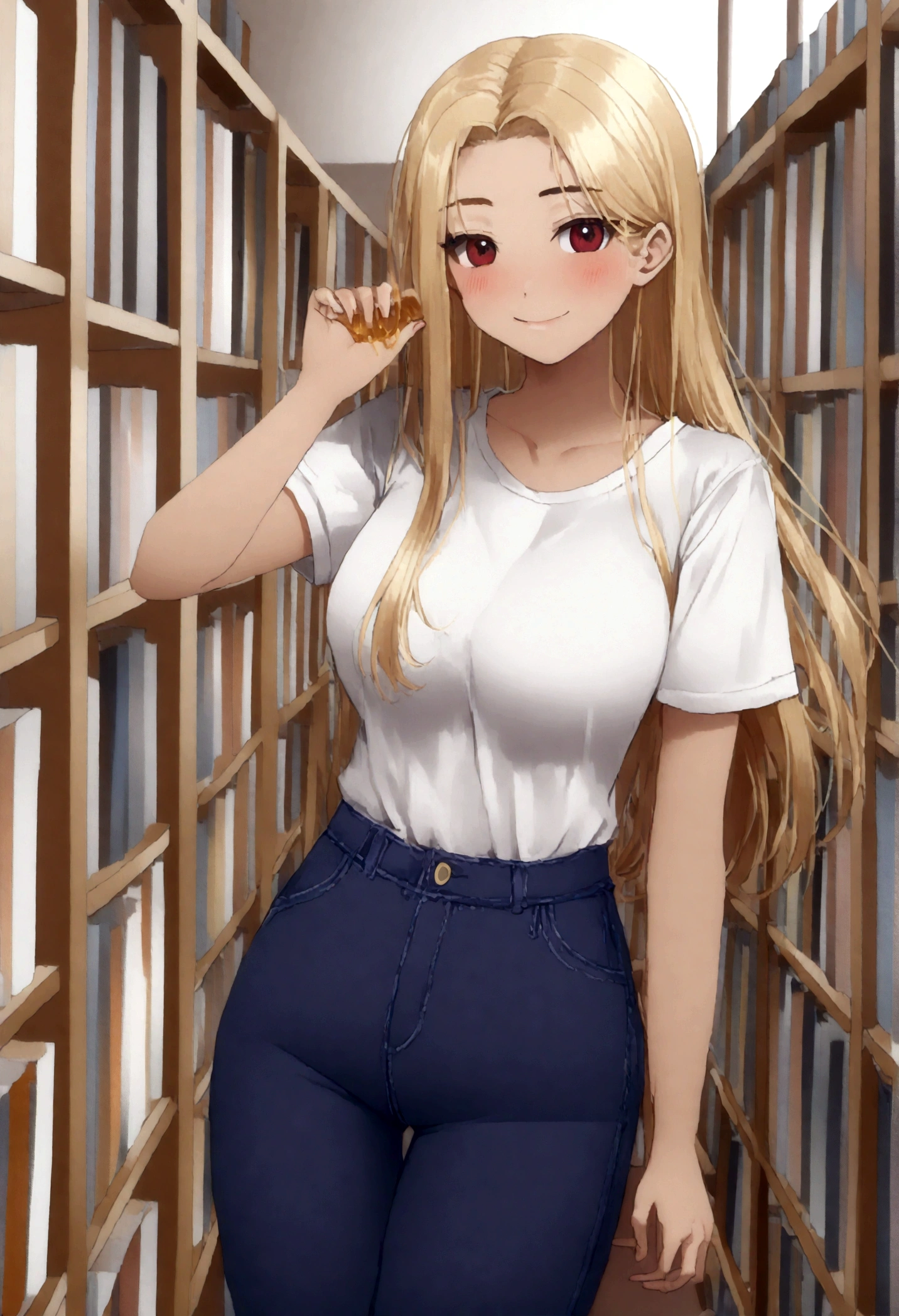 (1girl:1.7), (long hair con side bang), (blonde hair), (honey skin), (photo of 25yo woman:1.5) (north american girl:1.0), (peruvian girl:1.5), (korean girl:0.5), ((blue jeans), (all-white t-shirt), T-shirt without any stain without any markings or lettering, (large breasts: 1.2), Fake smile, (in the library)