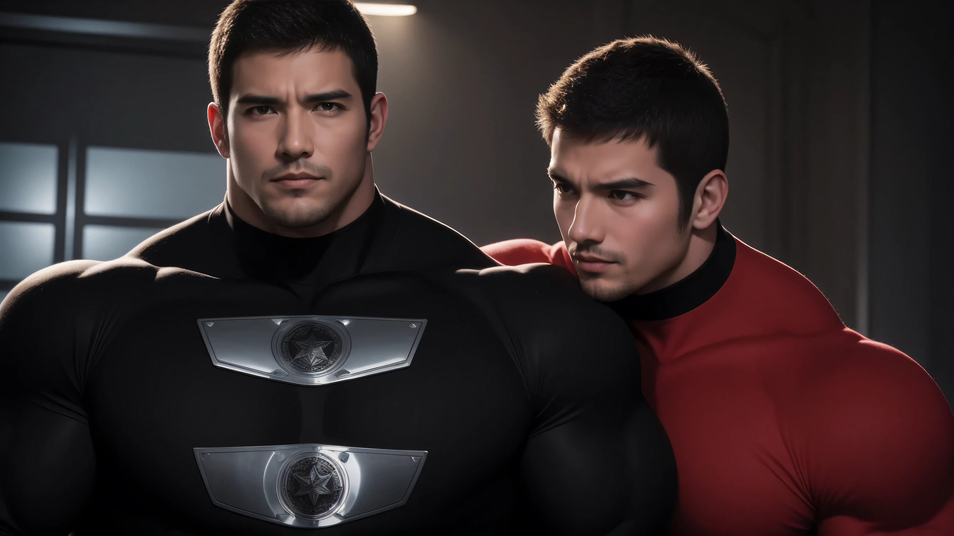 Super muscular man hugging, kissing and caressing,  Open mouth and scream，Look at each other affectionately，They hugged each other affectionately，Buzz Cut，In a luxurious and noble mansion, Wear a long-sleeved red and black collar tights, Thickened warm elastic texture，The expression is arrogant, High collar long sleeve red and black turtleneck tights, very tight, Regular symmetrical pattern, Highlight muscles, Police uniform pants, character concept（Resident Evil - Chris Redfield, Chris Redfield）A proud expression, Deep and charming eyes, Heroic male pose, tall Burly, muscular！muscular thighs, tough guy, perfect facial features, High, Burly, Heqiang, Super polished and cool, High Resolution Committee, Charismatic, The sun shines through the customers