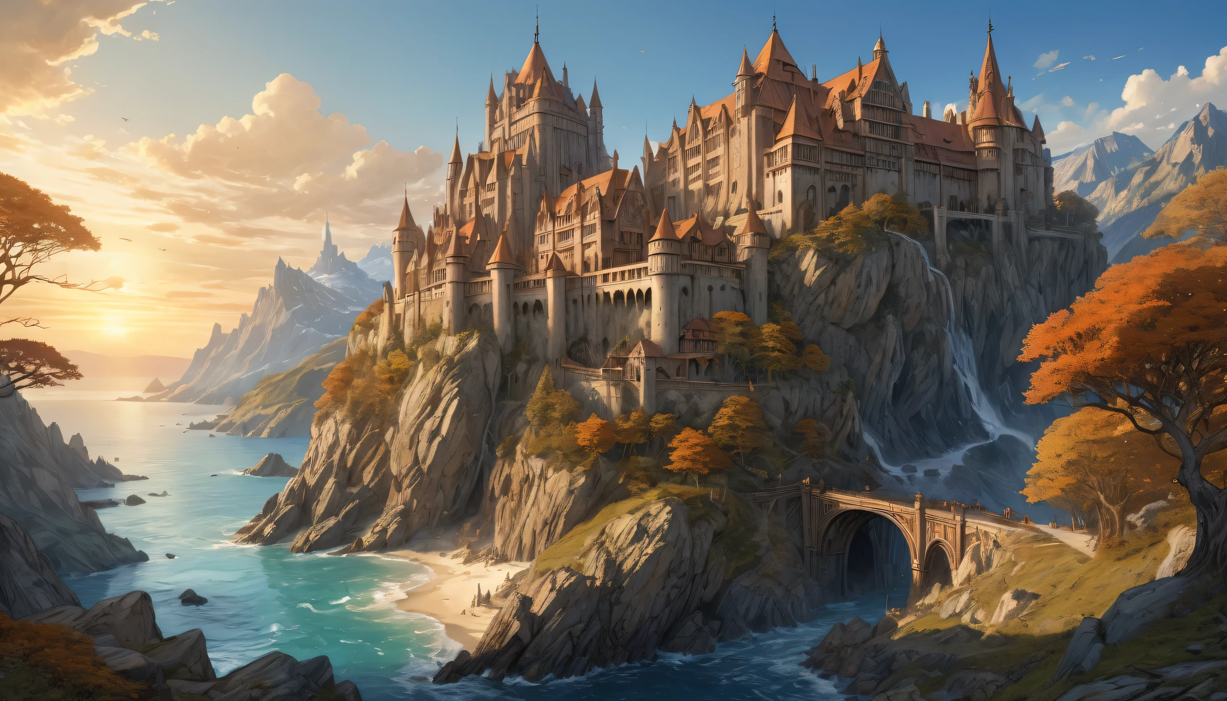 (anime, dark fantasy), (by by Posuka Demizu, Arthur Rackham and Tony DiTerlizzi), (masterpiece, best quality, high resolution, highly detailed, depth of filed, HDR:1.2), ((Cair Paravel, majestic, grand architecture, Narnia)). A mesmerizing fantasy with enchanting elements blending seamlessly, fantastical landscapes, vibrant colors, enchanted, warm atmosphere, beautiful, extremely detailed, intricate, delicate, serene fantasy, cinematic lighting, 8k, high quality