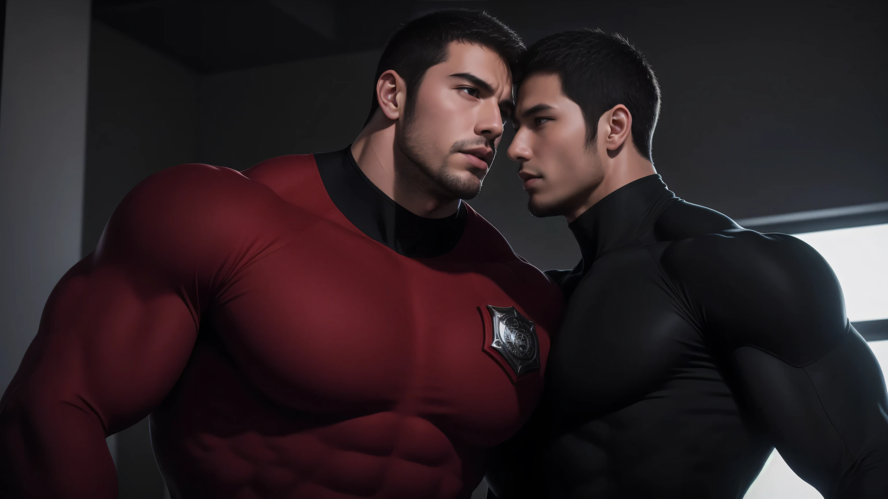 Super muscular man hugging, kissing and caressing,  Open mouth and scream，Look at each other affectionately，They hugged each other affectionately，Buzz Cut，In a luxurious and noble mansion, Wear a long-sleeved red and black collar tights, Thickened warm elastic texture，The expression is arrogant, High collar long sleeve red and black turtleneck tights, very tight, Regular symmetrical pattern, Highlight muscles, Police uniform pants, character concept（Resident Evil - Chris Redfield, Chris Redfield）A proud expression, Deep and charming eyes, Heroic male pose, tall Burly, muscular！muscular thighs, tough guy, perfect facial features, High, Burly, Heqiang, Super polished and cool, High Resolution Committee, Charismatic, The sun shines through the customers