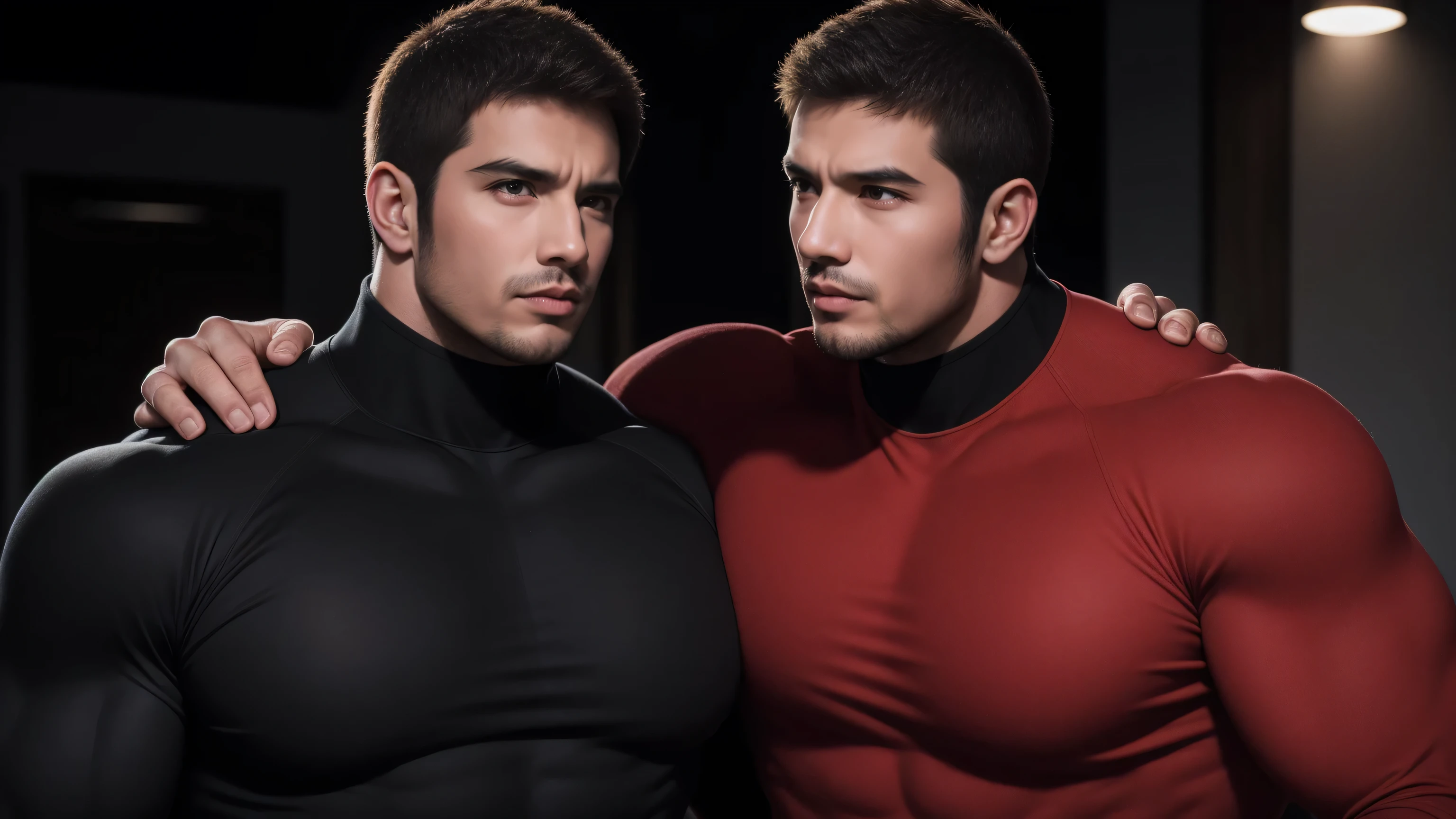 Super muscular man hugging, kissing and caressing, Open mouth and scream,Look at each other affectionately,They hugged each other affectionately,Buzz Cut,In a luxurious and noble mansion, Wear a long-sleeved red and black collar tights, Thickened warm elastic texture,The expression is arrogant, High collar long sleeve red and black turtleneck tights, very tight, Regular symmetrical pattern, Highlight muscles, Police uniform pants, character concept(Resident Evil - Chris Redfield, Chris Redfield)A proud expression, Deep and charming eyes, Heroic male pose, tall Burly, muscular!muscular thighs, tough guy, perfect facial features, High, Burly, Heqiang, Super polished and cool, High Resolution Committee, Charismatic, The sun shines through the customers
