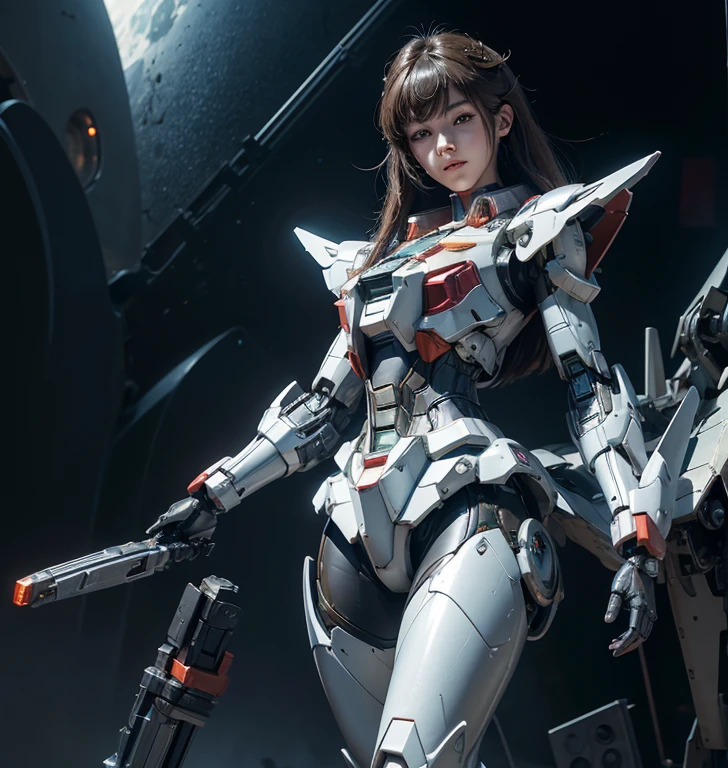 Textured skin, Super Detail, high details, High quality, Best Quality, hight resolution, 1080p, hard disk, Beautiful,(Gundam),beautiful cyborg woman,Mecha Cyborg Girl,Battle Mode,Girl with a Mecha Body,She wears a futuristic Gundam mecha,Fulll body Shot