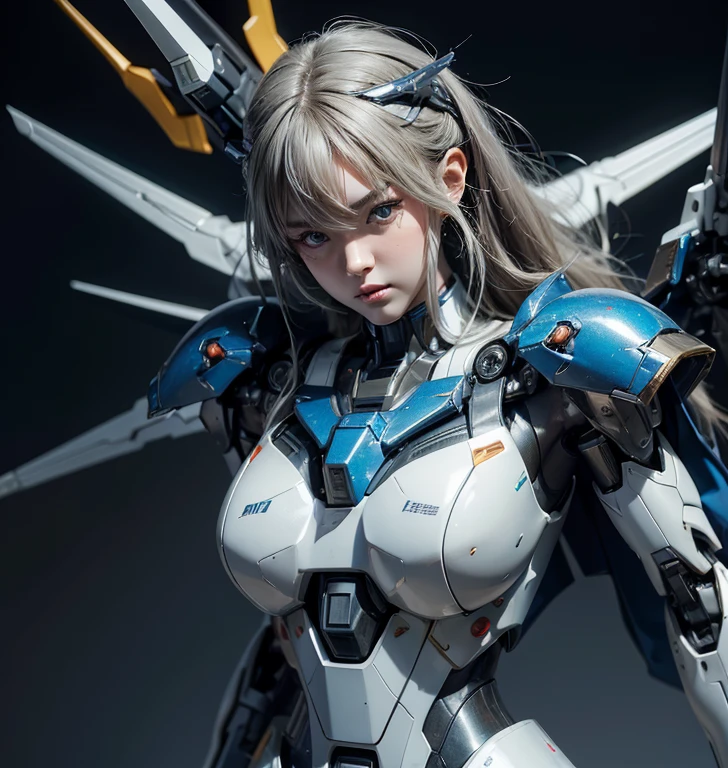 Textured skin, Super Detail, high details, High quality, Best Quality, hight resolution, 1080p, hard disk, Beautiful,(Gundam),beautiful cyborg woman,Mecha Cyborg Girl,Battle Mode,Girl with a Mecha Body,She wears a futuristic Gundam mecha,Fulll body Shot