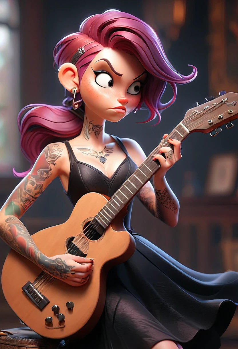 a woman with tattoo, (([red|Purple] hair)), long hair, Wearing a black dress and performing with a shiny guitar,  indoors, (soothing tones:1.0), (hdr:1.25), (artstation:1.2), dramatic, (intricate details:1.14), (hyperrealistic 3d render:1.16), (filmic:0.55), (rutkowski:1.1), (faded:1.3)