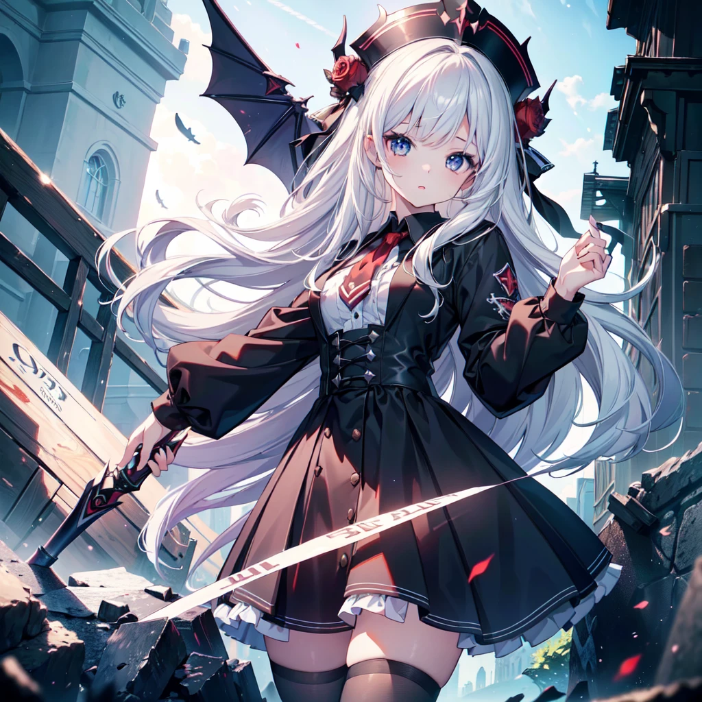 1girl、(((highest quality、Masterpiece、Super detailed、Official Art、The best dynamic composition)))、high school girl、Vampire Hunter、Reaper&#39;s Scythe、Blood splatter、Milky white and red gradient hair color、Short Hair、Odd Eye、Red and blue eyes、Dynamic composition、Super huge、Digital Painting, 8K High Resolution, whole body, White Background, Dynamic pose,swordup, 