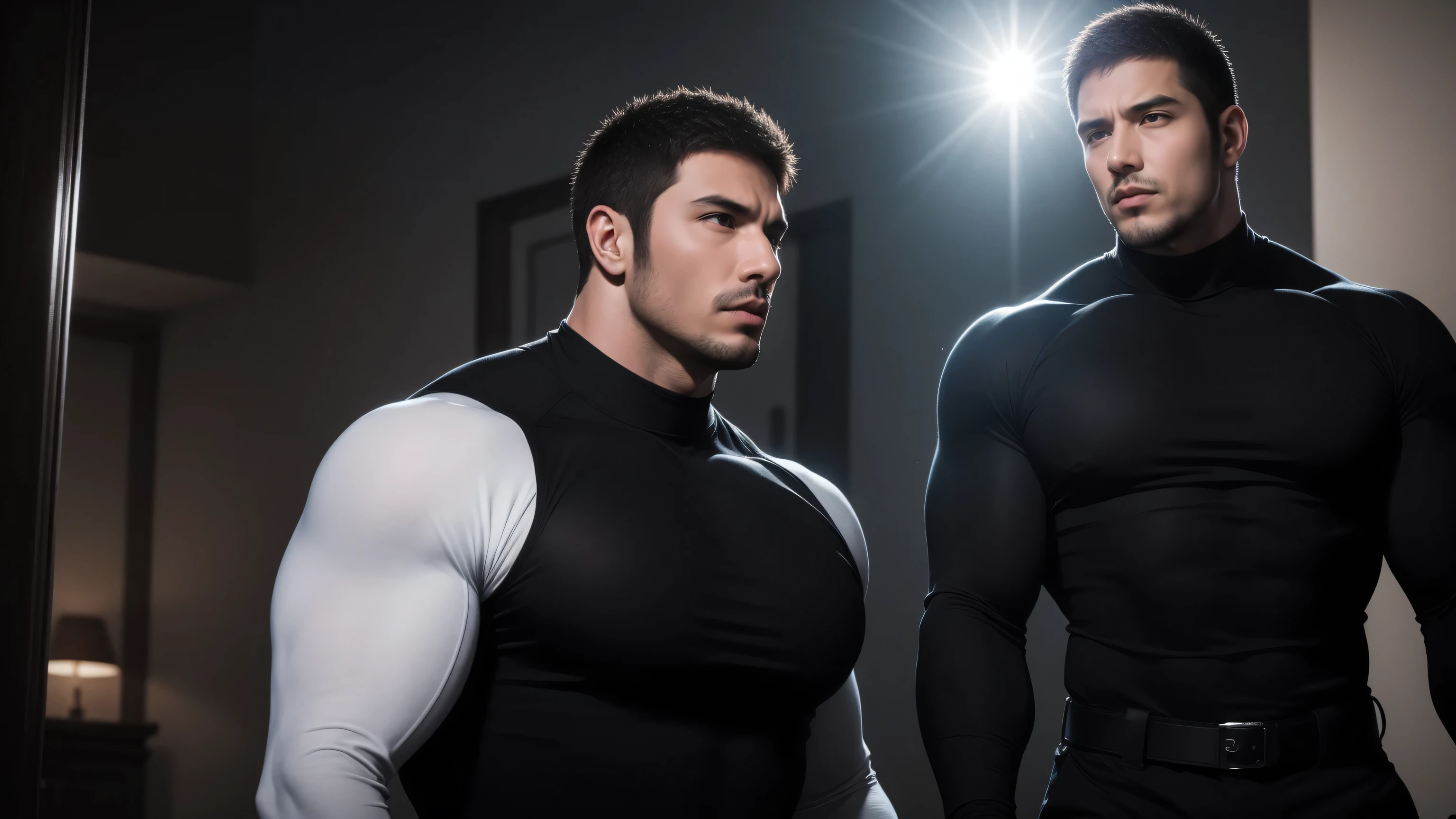 Super muscular man hugging, kissing and caressing, Open mouth and scream,Look at each other affectionately,They hugged each other affectionately,Buzz Cut,In a luxurious and noble mansion, Wear a long-sleeved red and black collar tights, Thickened warm elastic texture,The expression is arrogant, High collar long sleeve red and black turtleneck tights, very tight, Regular symmetrical pattern, Highlight muscles, Police uniform pants, character concept(Resident Evil - Chris Redfield, Chris Redfield)A proud expression, Deep and charming eyes, Heroic male pose, tall Burly, muscular!muscular thighs, tough guy, perfect facial features, High, Burly, Heqiang, Super polished and cool, High Resolution Committee, Charismatic, The sun shines through the customers