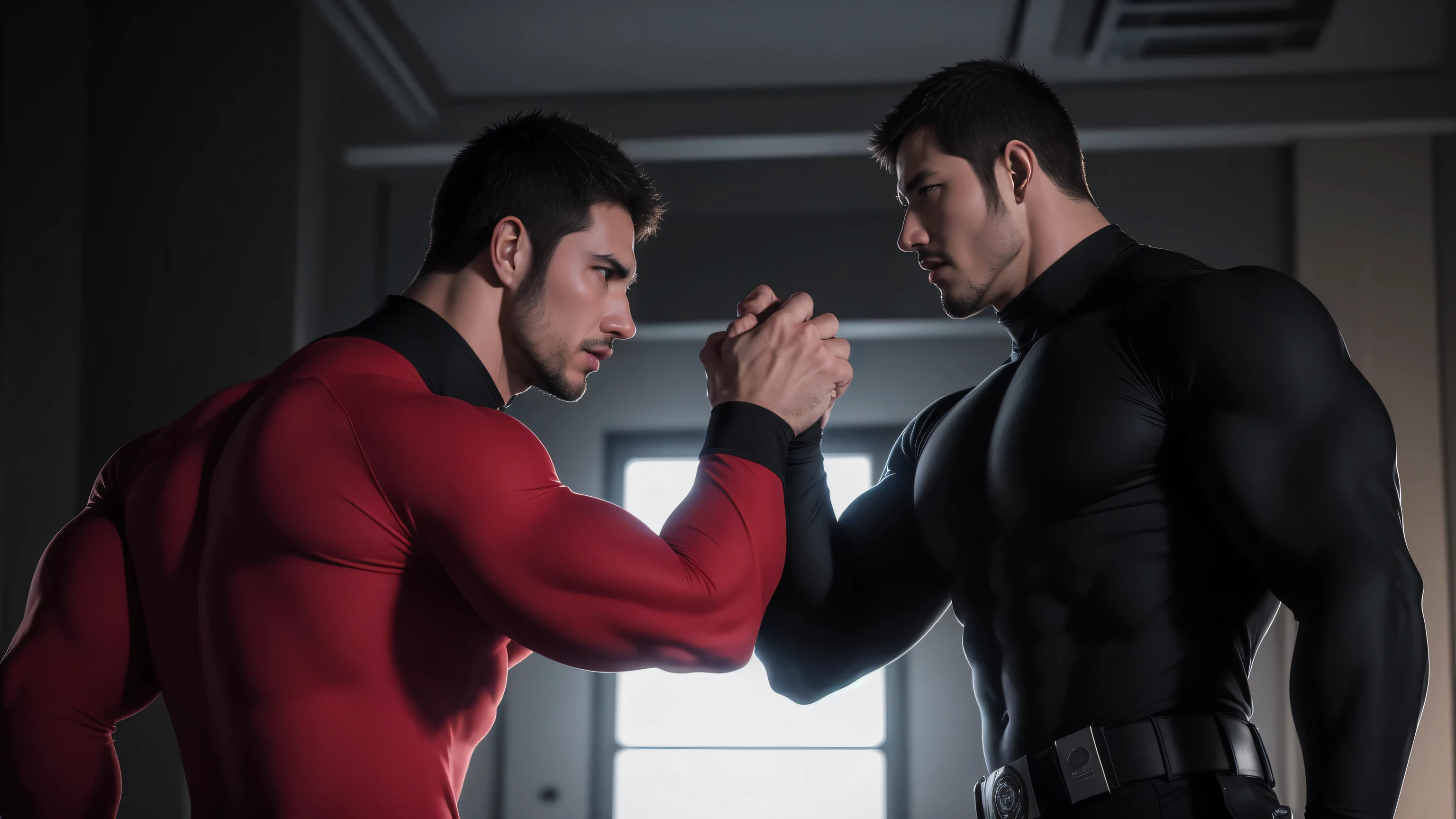 Super muscular man hugging, kissing and caressing,  Open mouth and scream，Look at each other affectionately，They hugged each other affectionately，Buzz Cut，In a luxurious and noble mansion, Wear a long-sleeved red and black collar tights, Thickened warm elastic texture，The expression is arrogant, High collar long sleeve red and black turtleneck tights, very tight, Regular symmetrical pattern, Highlight muscles, Police uniform pants, character concept（Resident Evil - Chris Redfield, Chris Redfield）A proud expression, Deep and charming eyes, Heroic male pose, tall Burly, muscular！muscular thighs, tough guy, perfect facial features, High, Burly, Heqiang, Super polished and cool, High Resolution Committee, Charismatic, The sun shines through the customers