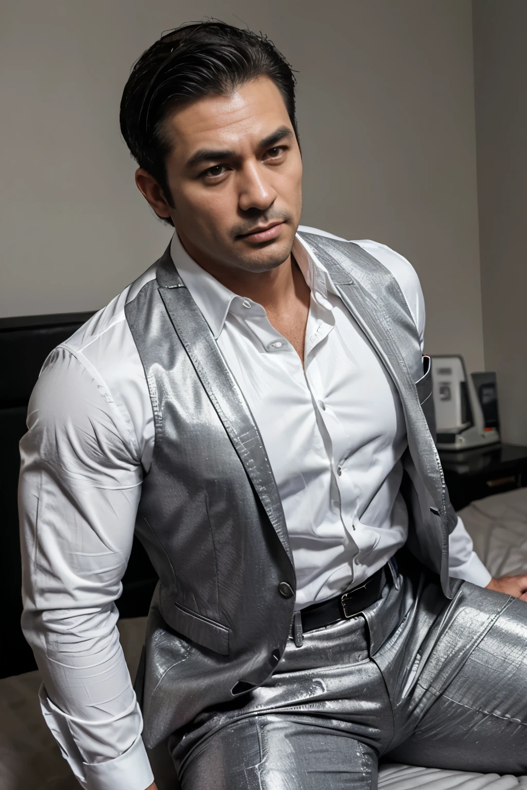 30 years old,daddy,"shiny grey suit ", wear white shirt, very shiny grey pants, very shiny grey waistcoat, Dad was drunk and lie down on the bed,k hd,in the office,"big muscle", gay ,black hair,asia face,masculine,strong man,the boss is,handsome,,leather gloves,lecherous dad,look straight ahead,dad is handsome,dad is handsome ,dad is "horny dad"