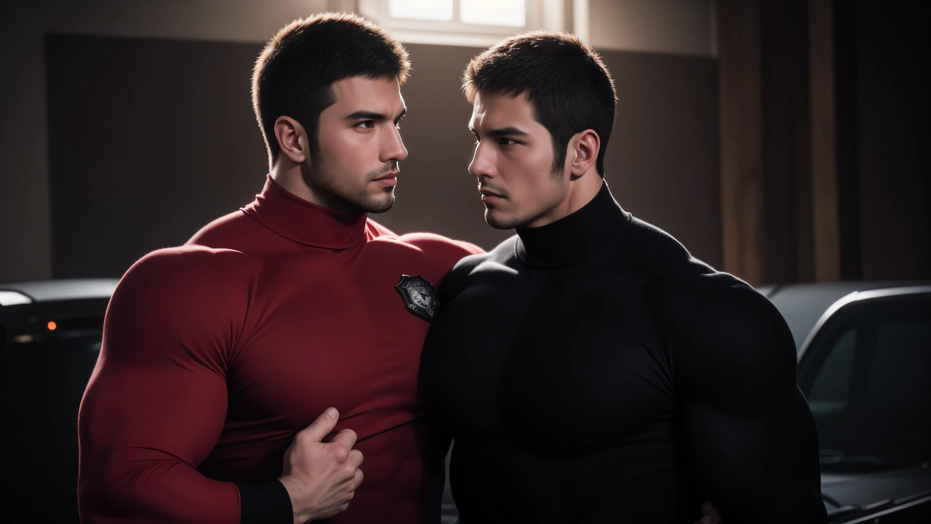 Super muscular man hugging, kissing and caressing, Open mouth and scream,Look at each other affectionately,They hugged each other affectionately,Buzz Cut,In a luxurious and noble mansion, Wear a long-sleeved red and black collar tights, Thickened warm elastic texture,The expression is arrogant, High collar long sleeve red and black turtleneck tights, very tight, Regular symmetrical pattern, Highlight muscles, Police uniform pants, character concept(Resident Evil - Chris Redfield, Chris Redfield)A proud expression, Deep and charming eyes, Heroic male pose, tall Burly, muscular!muscular thighs, tough guy, perfect facial features, High, Burly, Heqiang, Super polished and cool, High Resolution Committee, Charismatic, The sun shines through the customers