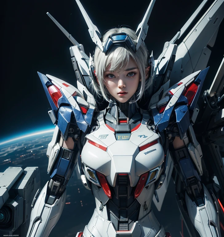 Textured skin, Super Detail, high details, High quality, Best Quality, hight resolution, 1080p, hard disk, Beautiful,(Gundam),beautiful cyborg woman,Mecha Cyborg Girl,Battle Mode,Girl with a Mecha Body,She wears a futuristic Gundam mecha,Fulll body Shot
