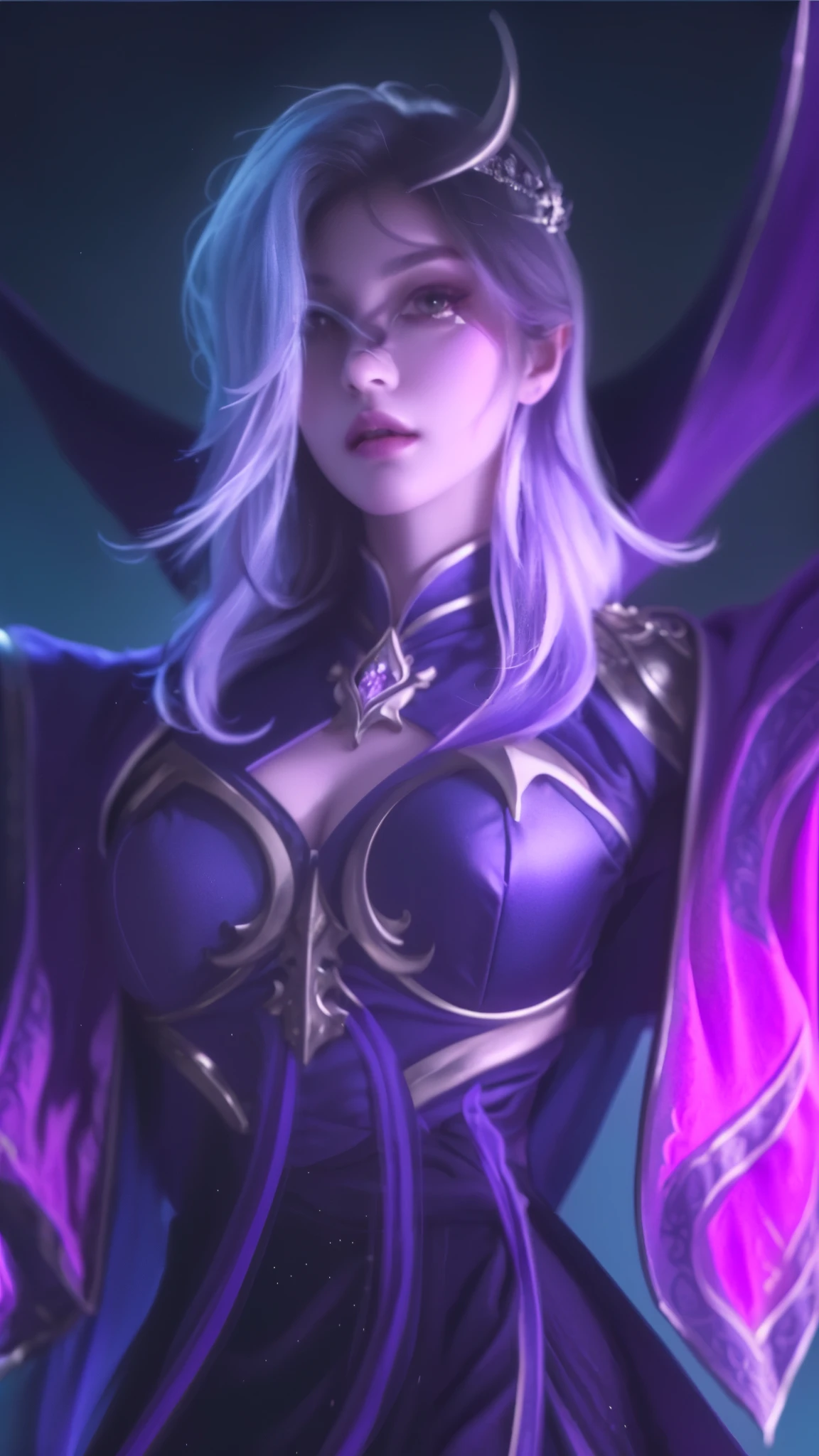 a realistic portrait of a beautiful mature woman wearing a purple outfit and purple cape, portrait of a knights of zodiac girl, extremely detailed facial features, detailed eyes, beautiful detailed lips, longeyelashes, intricate detailed clothing, dramatic lighting, cinematic, highly detailed, photorealistic, 8k, best quality, masterpiece