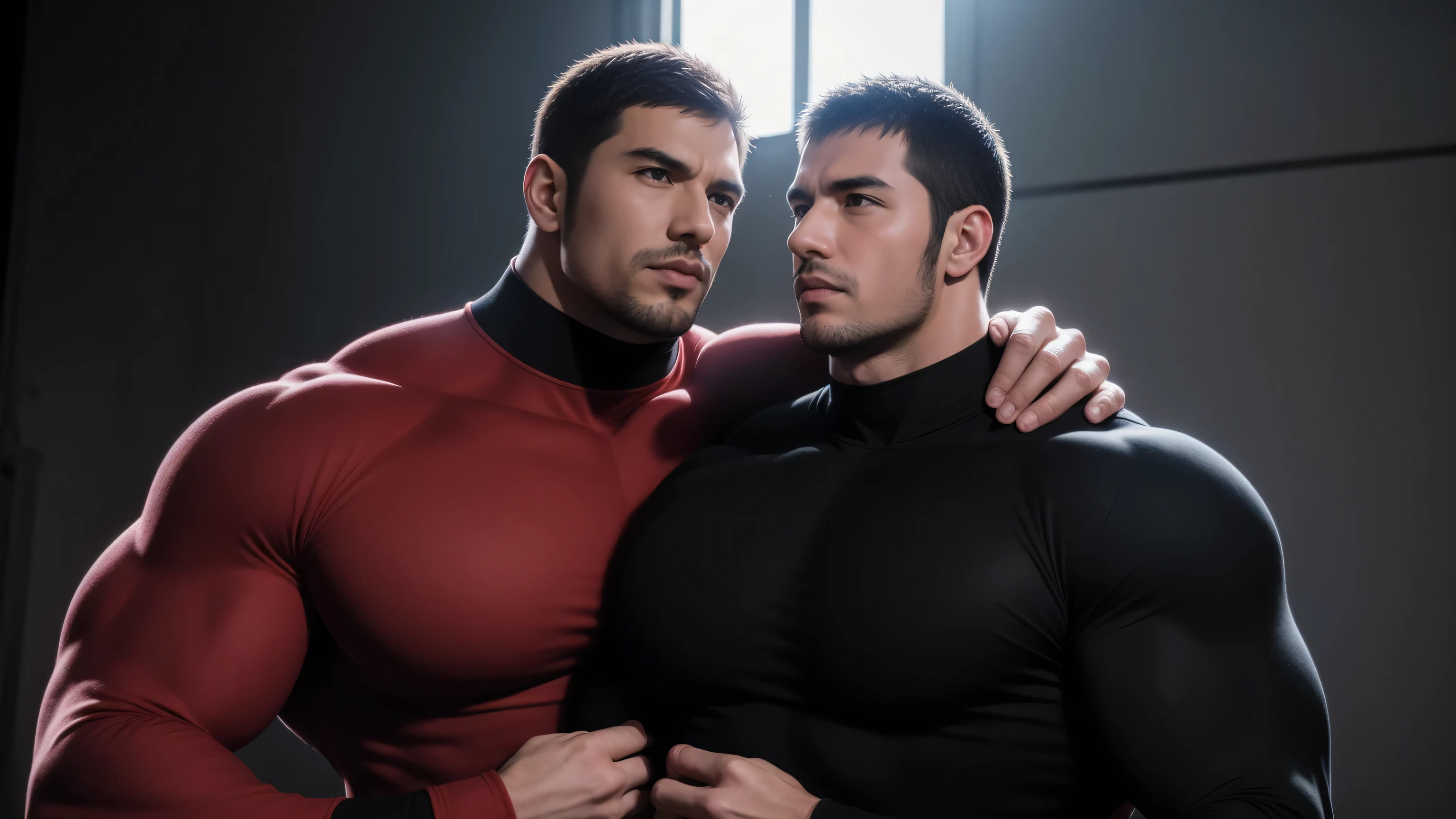 Super muscular man hugging, kissing and caressing, Open mouth and scream,Look at each other affectionately,They hugged each other affectionately,Buzz Cut,In a luxurious and noble mansion, Wear a long-sleeved red and black collar tights, Thickened warm elastic texture,The expression is arrogant, High collar long sleeve red and black turtleneck tights, very tight, Regular symmetrical pattern, Highlight muscles, Police uniform pants, character concept(Resident Evil - Chris Redfield, Chris Redfield)A proud expression, Deep and charming eyes, Heroic male pose, tall Burly, muscular!muscular thighs, tough guy, perfect facial features, High, Burly, Heqiang, Super polished and cool, High Resolution Committee, Charismatic, The sun shines through the customers