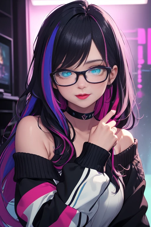 (Best quality, Ultra detailed, Masterpiece:1.2), perfect face, female, gamer girl, aqua eyes, cherry-red lips, light smile, long black hair, purple streaked hair, purple highlights, bangs, ribbon, choker, nerdy glasses, sleeves past fingers, black off-shoulder sweater, gamer girl's bedroom, nighttime, neon lights, colorful lights