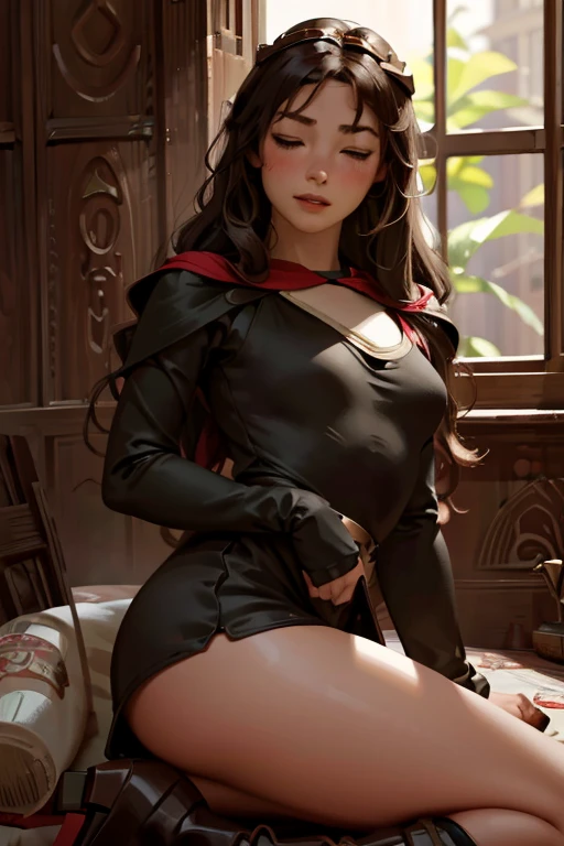 Closed eyes, soft moan.((hyper-realistic illustration:1.4)) Beautiful 20 yo Mediterranean woman, beautiful athletic figure, shapely toned legs, perfect round ass, natural perky breasts,(abs), long dark hair, green eyes. (joy:1.4), sweet smile,  Red lipstick, mascara, choker, long sleeve black dress, boots. Wavy hair. Masturbation,grabbing own breast, pinching nipple.  Masterpiece, (highly detailed:1.2),(detailed face and eyes:1.2), 8k wallpaper, natural lighting, core shadows, high contrast, bokeh.