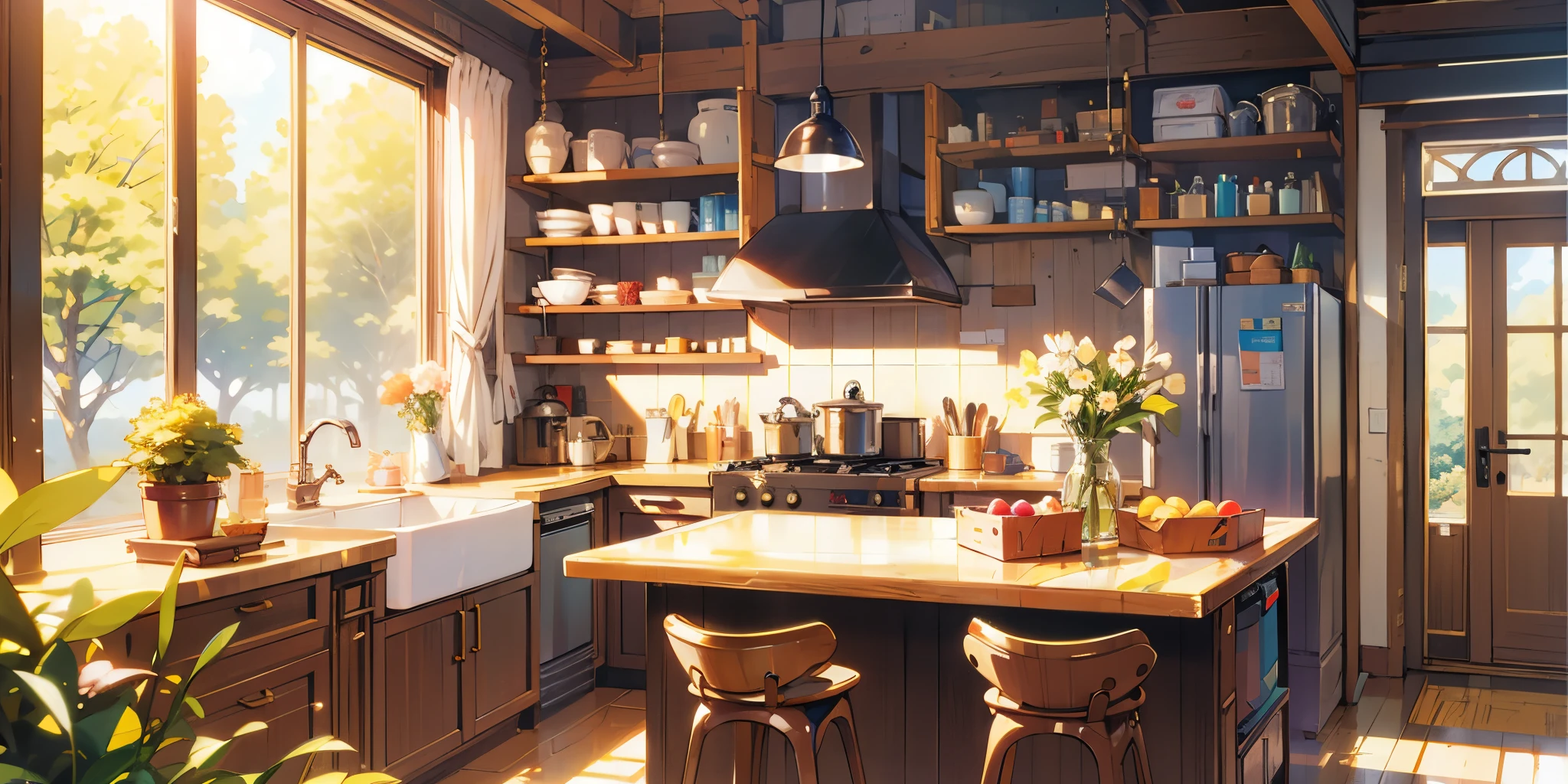 masterpiece,best quality,official art,extremely detailed CG unity 8k wallpaper,outdoors, animal, kitchen,vase,Sunlight,studio ghibli,Warmth,vivid colors, intense lighting,