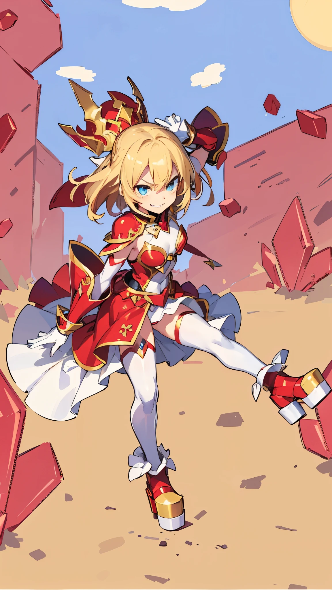 (Complete body, good anatomy, best quality, 4K) 1 girl, solo, blue, blond short hair!!, bodysuit, red princess armor, gloves, platform shoes, angry smile, red cristal background, colorful