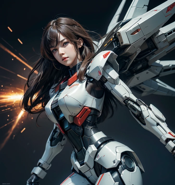 Textured skin, Super Detail, high details, High quality, Best Quality, hight resolution, 1080p, hard disk, Beautiful,(Gundam),beautiful cyborg woman,Mecha Cyborg Girl,Battle Mode,Girl with a Mecha Body,She wears a futuristic Gundam mecha,Fulll body Shot
