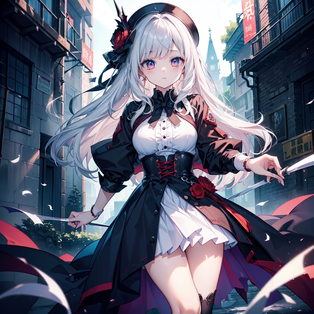 1girl、(((highest quality、Masterpiece、Super detailed、Official Art、The best dynamic composition)))、high school girl、Vampire Hunter、Reaper&#39;s Scythe、Blood splatter、Milky white and red gradient hair color、Short Hair、Odd Eye、Red and blue eyes、Dynamic composition、Super huge、Digital Painting, 8K High Resolution, whole body, White Background, Dynamic pose,tpose