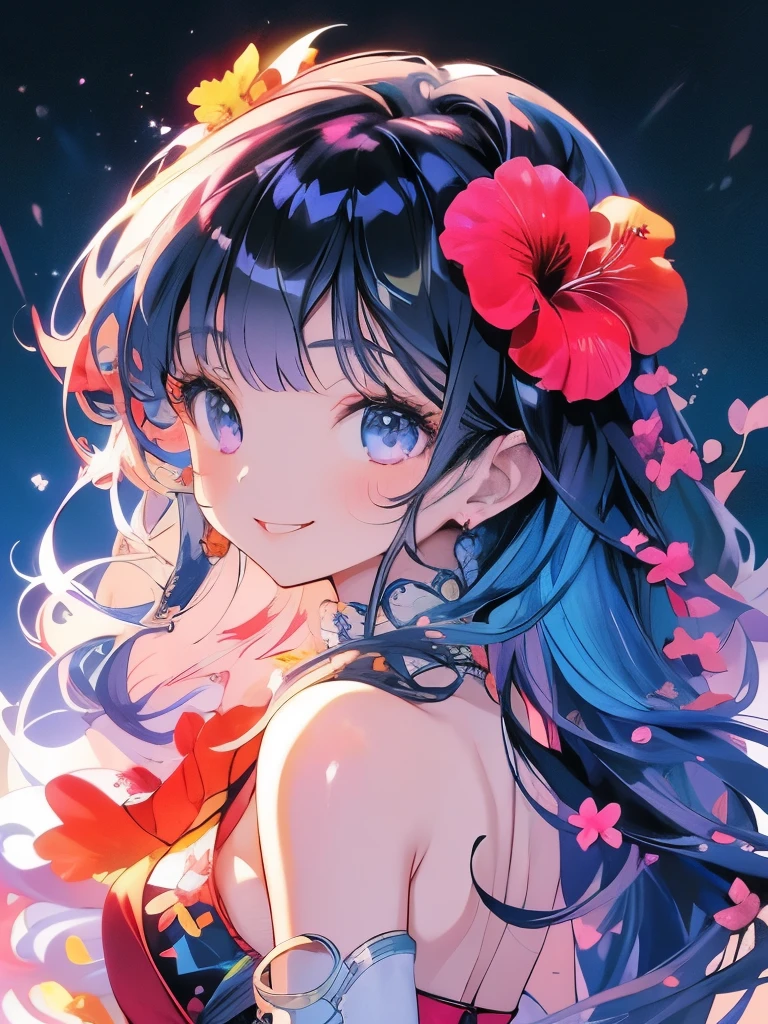 Masterpiece、smile、Anime Girls、Blue Hair、Long Hair、Swimwear、可愛いAnime Girls、smile、((hibiscus))、たくさんのhibiscus、Fractal Art、Gwaiz、Ocean、Palm tree、night