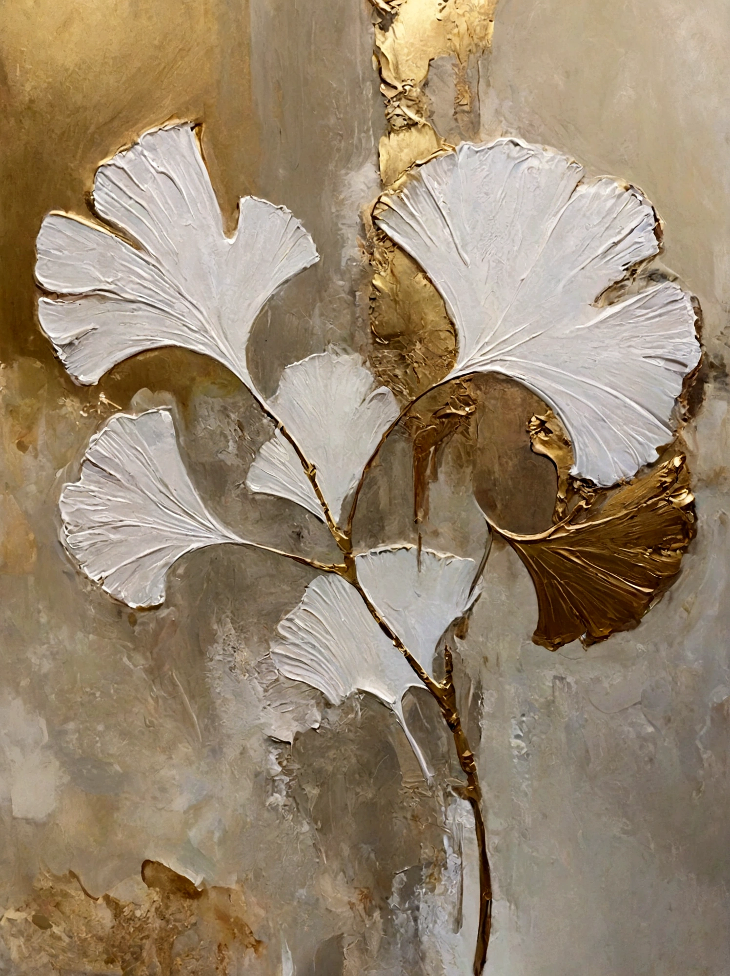 Gilded，ginkgo leaf，vanilla，cream，Thick textured paint, whiskey，Abstract Art，emotion，emotion